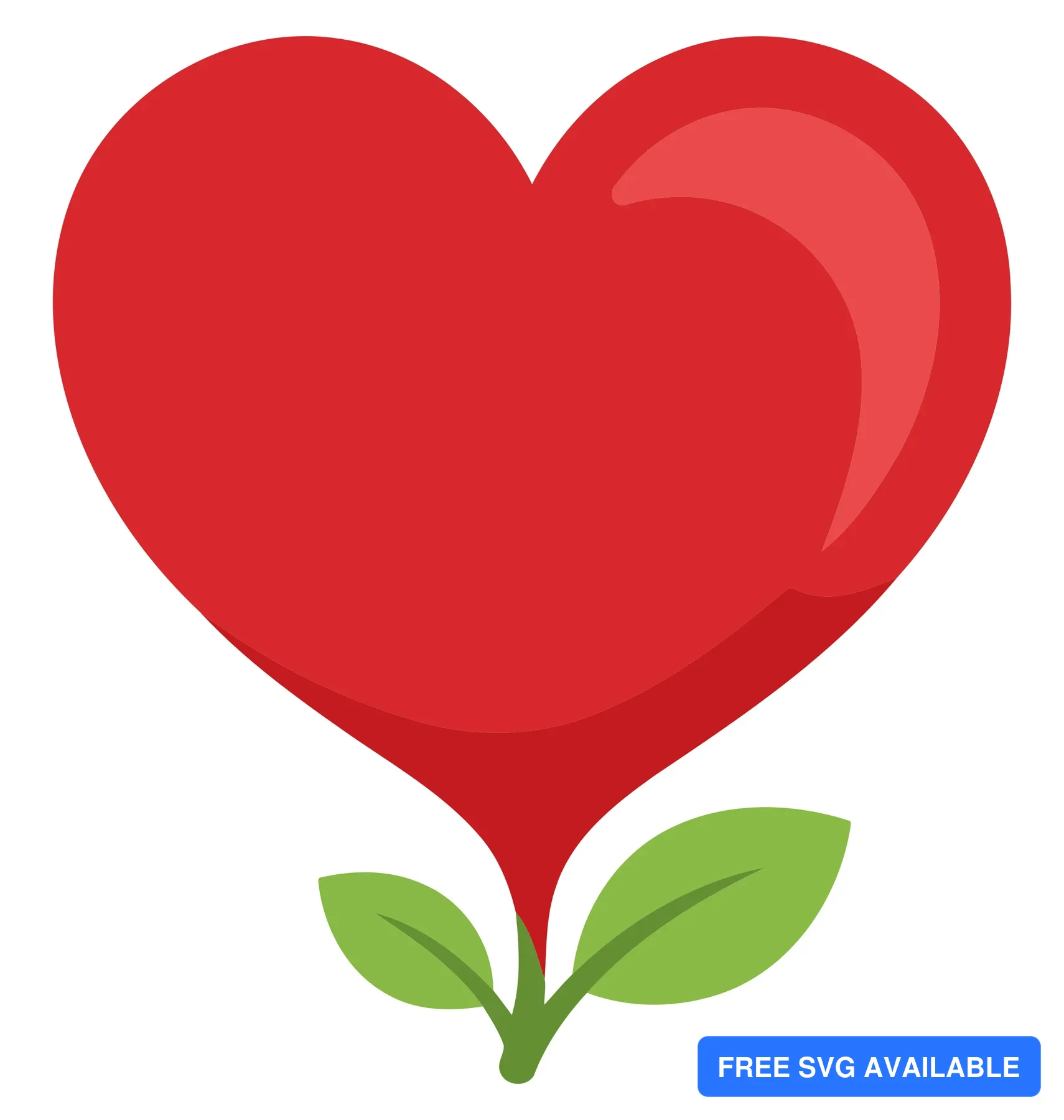 A red heart shape with a green leaf growing from its base in a minimalist vector design.
