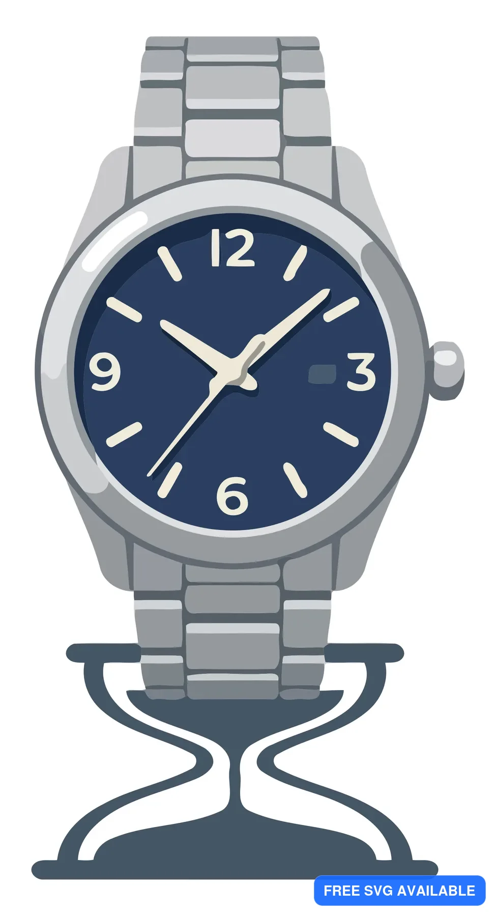 A stylized watch with a dark face and metallic band on a simple stand in a minimalist illustration