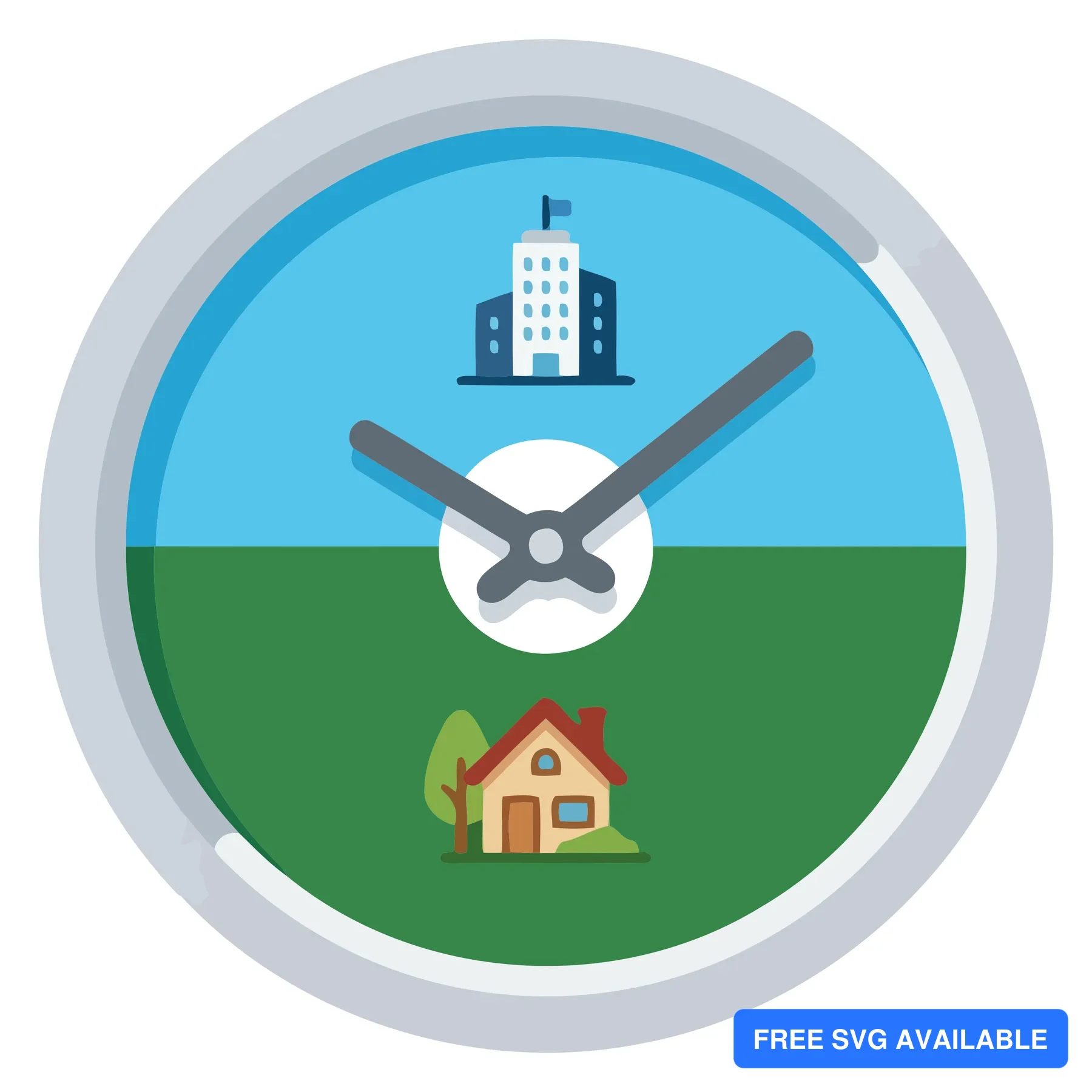 A minimalist vector icon showing a skyscraper and a house with clock hands on a blue and green background.