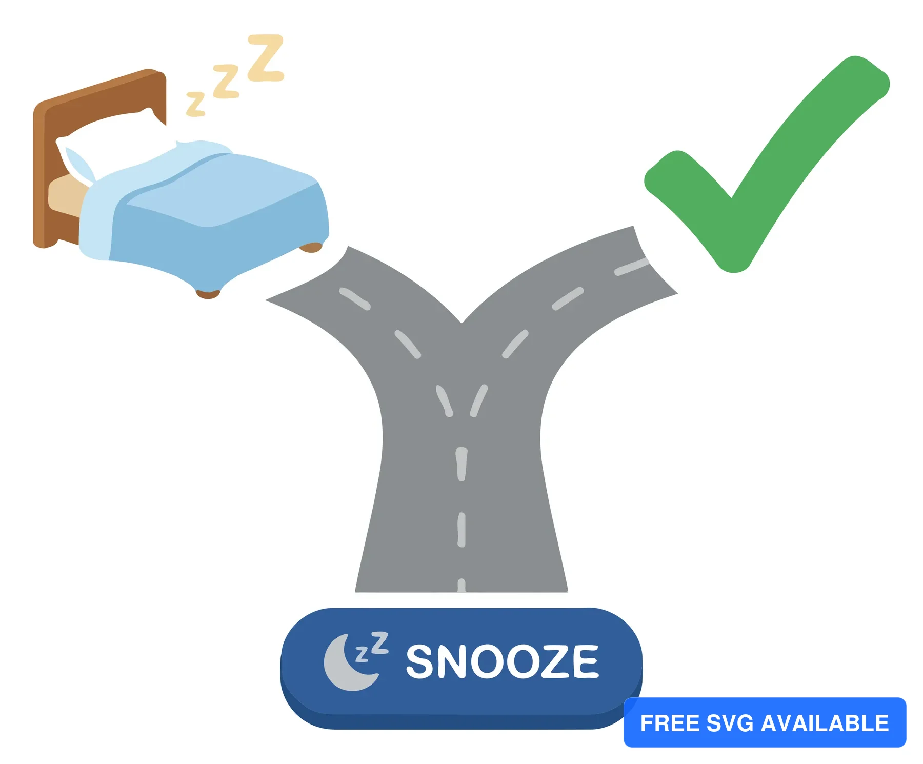 A cartoon illustration of a person sleeping at a road fork with a checkmark leading to snooze option.