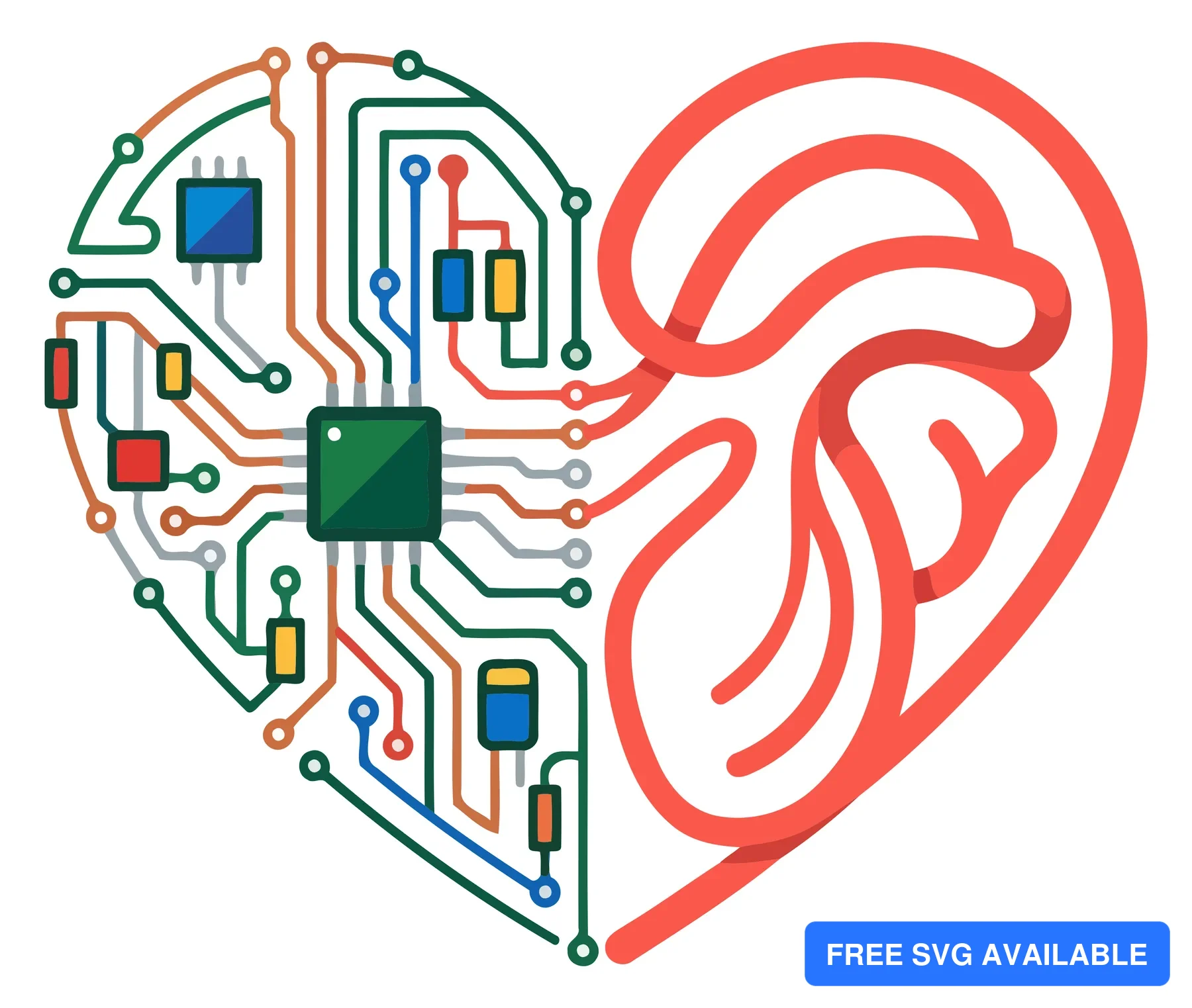 A stylized vector illustration of a heart shape with integrated brain and circuit elements representing technology and human thought.