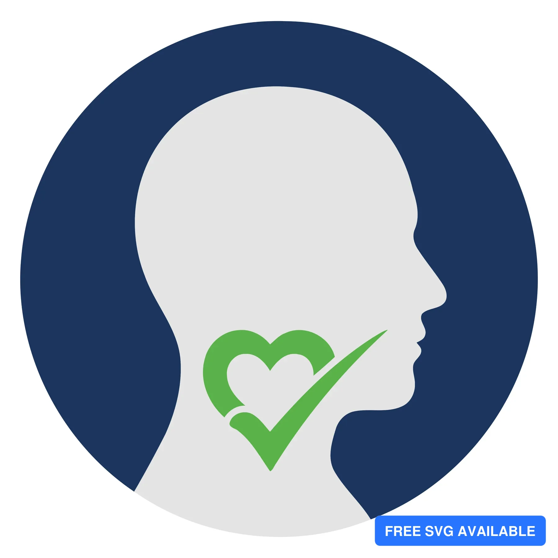A profile silhouette with a green checkmark heart symbolizing positive mental health and well-being.