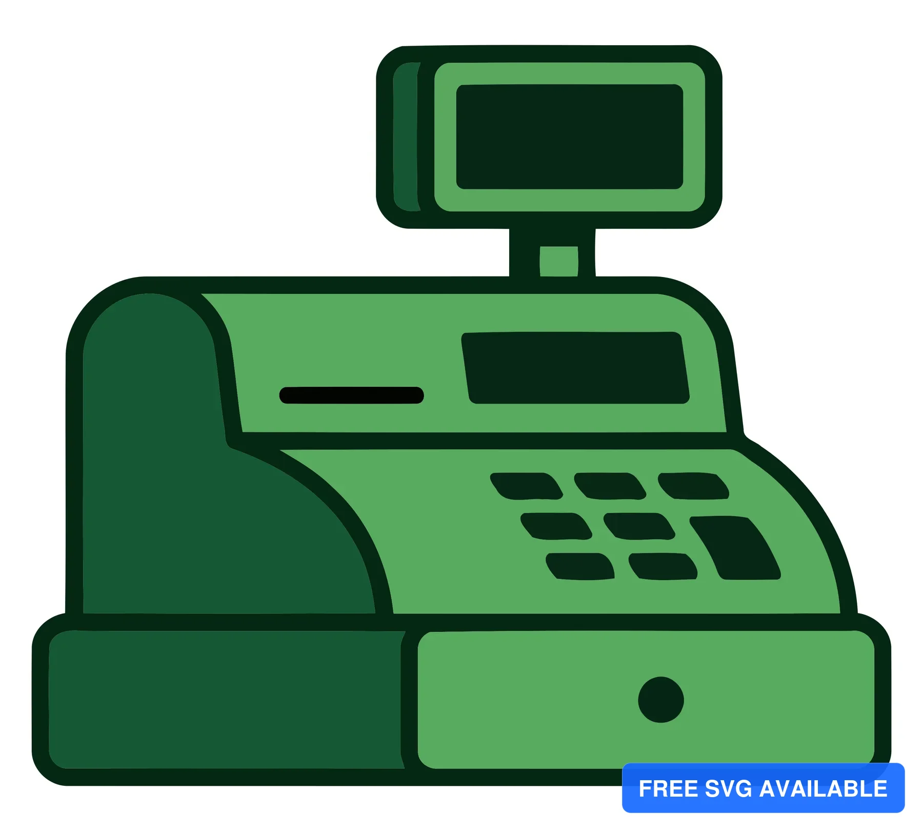 A stylized green cash register icon with a digital screen and keypad
