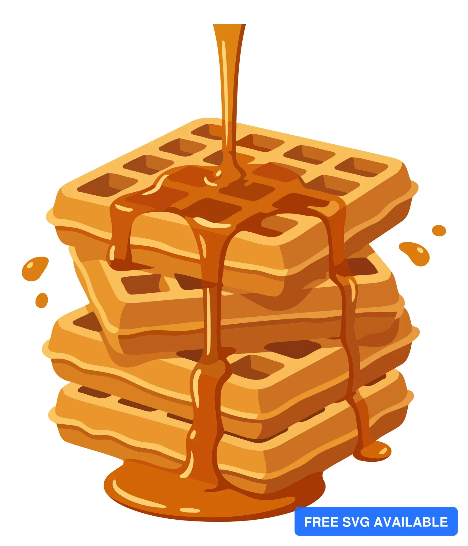 A stack of golden waffles with honey drizzling down in a stylized vector illustration
