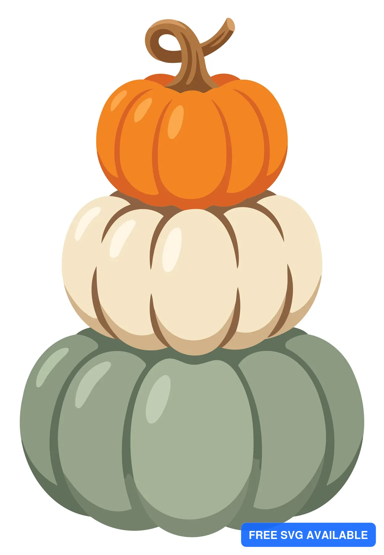 Three stacked pumpkins in orange, cream, and green colors with a natural stem on top