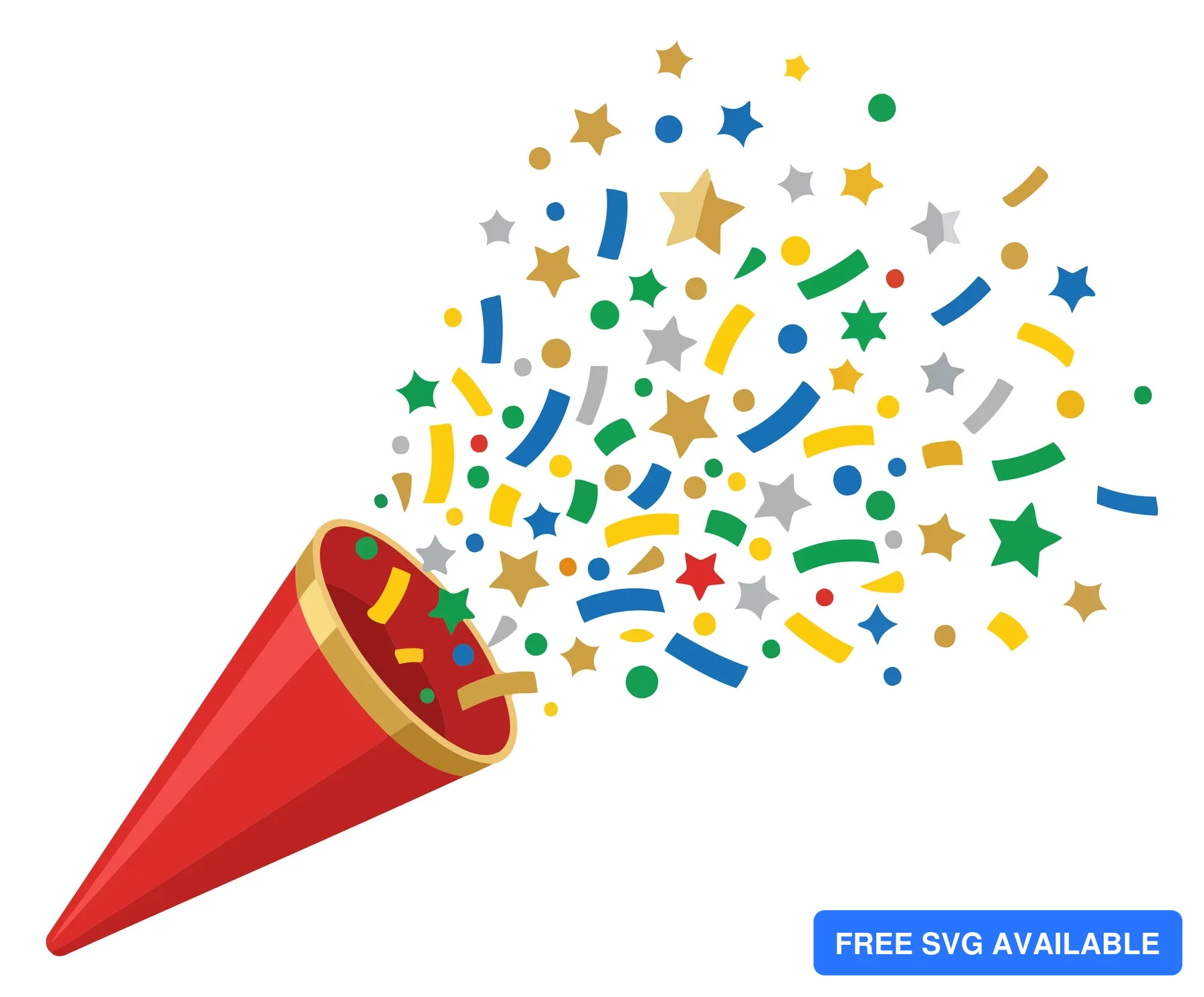 A red horn spouting colorful star confetti and geometric shapes in an abstract explosion style