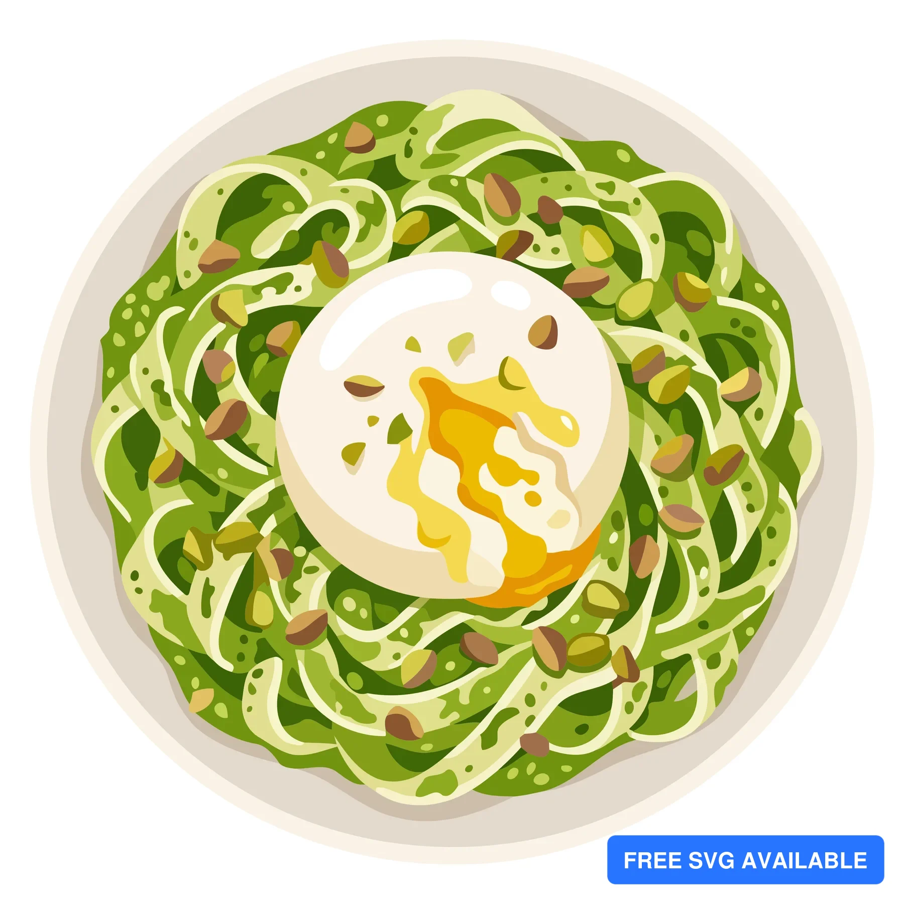 A plate with a poached egg on a bed of green vegetables and nuts