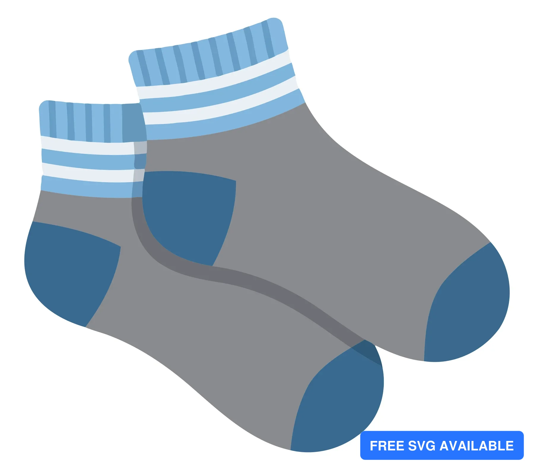 Two stylized socks with blue and grey stripes in a minimalist vector illustration