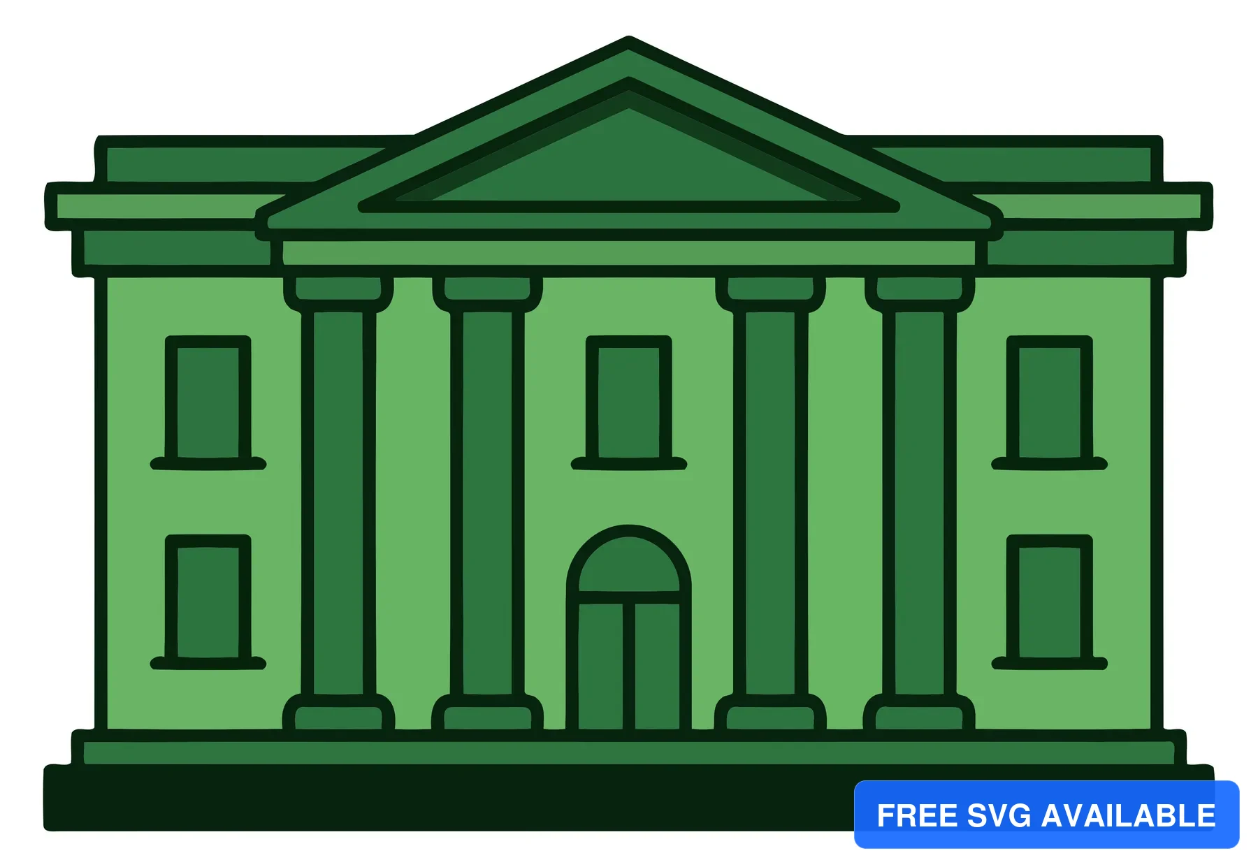A stylized neoclassical building with columns and a triangular pediment in a clean vector illustration.