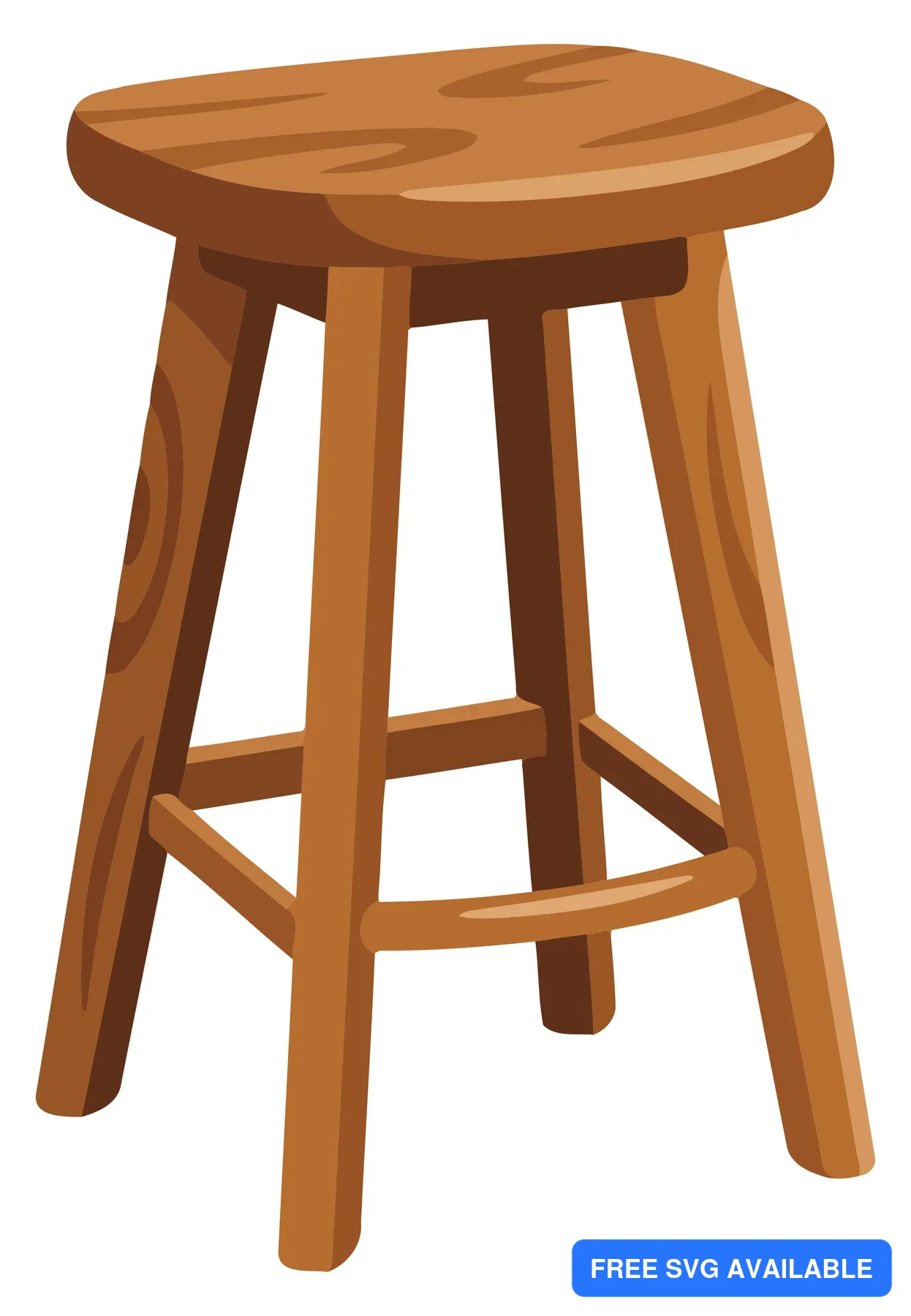 A stylized wooden bar stool with a textured seat and simple legs in a clean illustration style