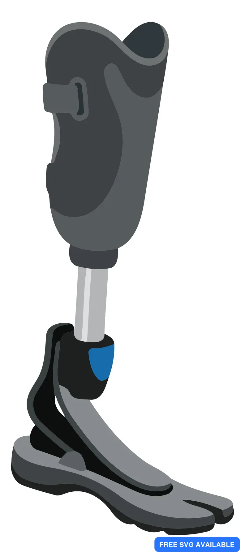 A modern prosthetic leg with a knee and ankle joint attached to a foot