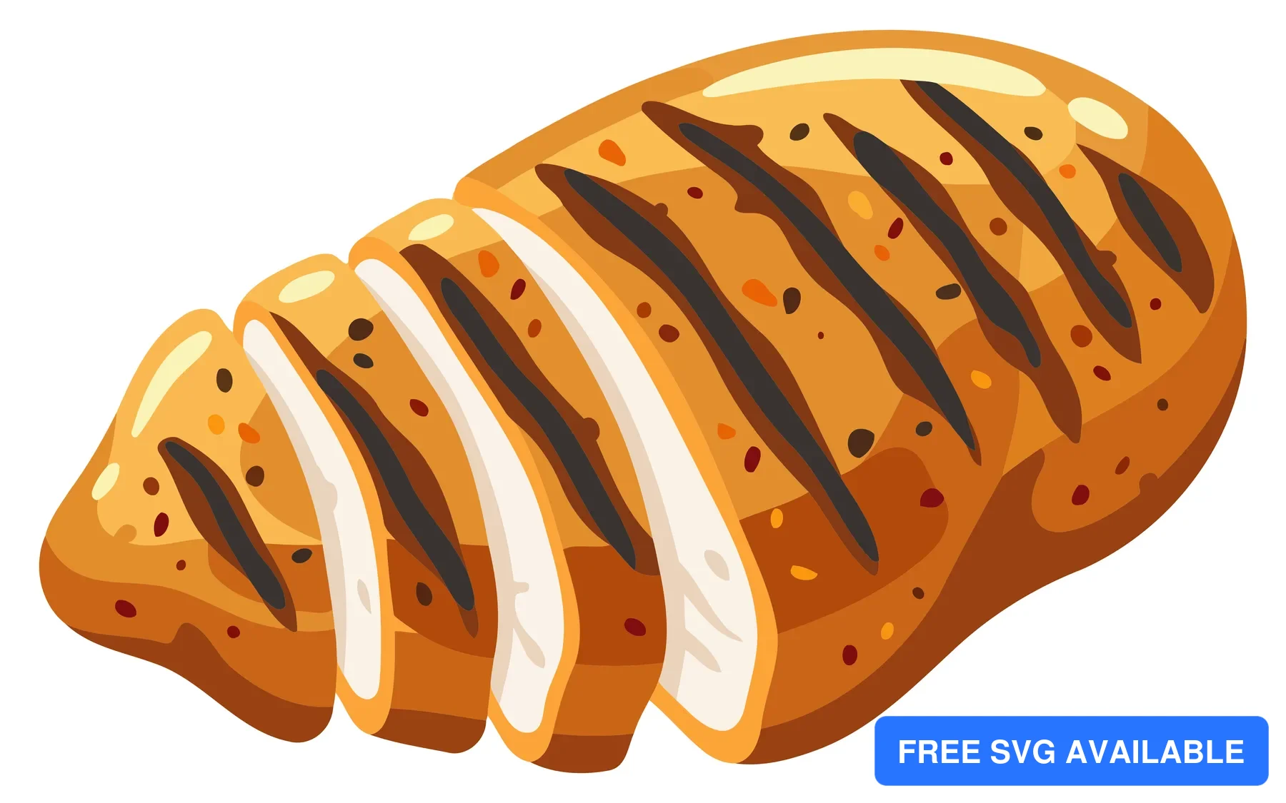 Cartoon illustration of sliced roasted meat with grill marks and charred edges
