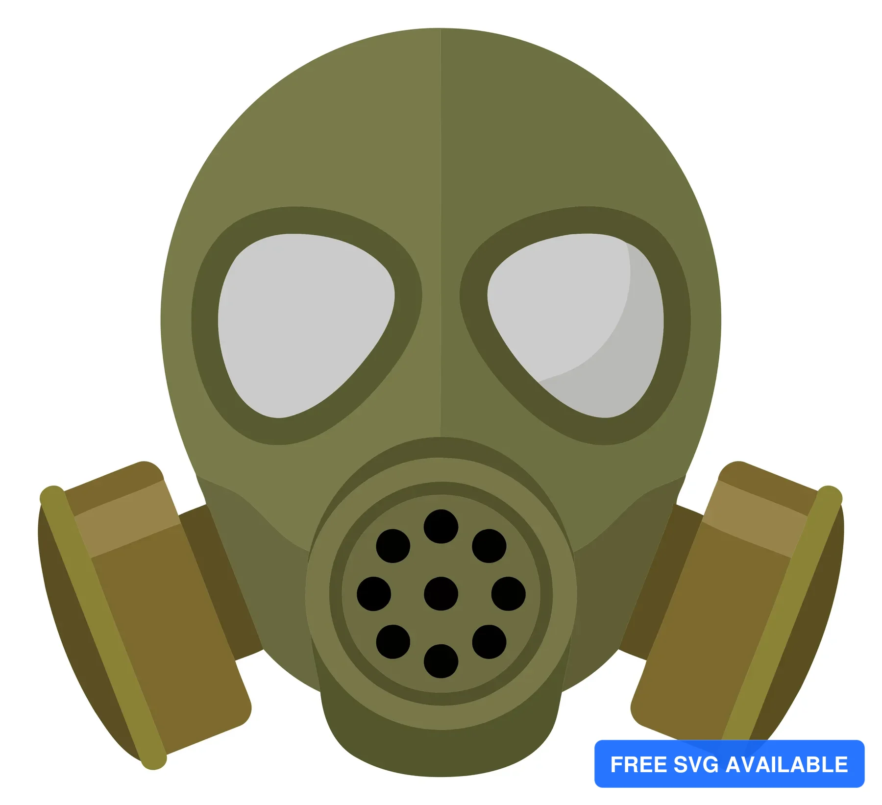 A stylized gas mask with two circular eye lenses and a hexagonal filter panel in a flat design illustration.