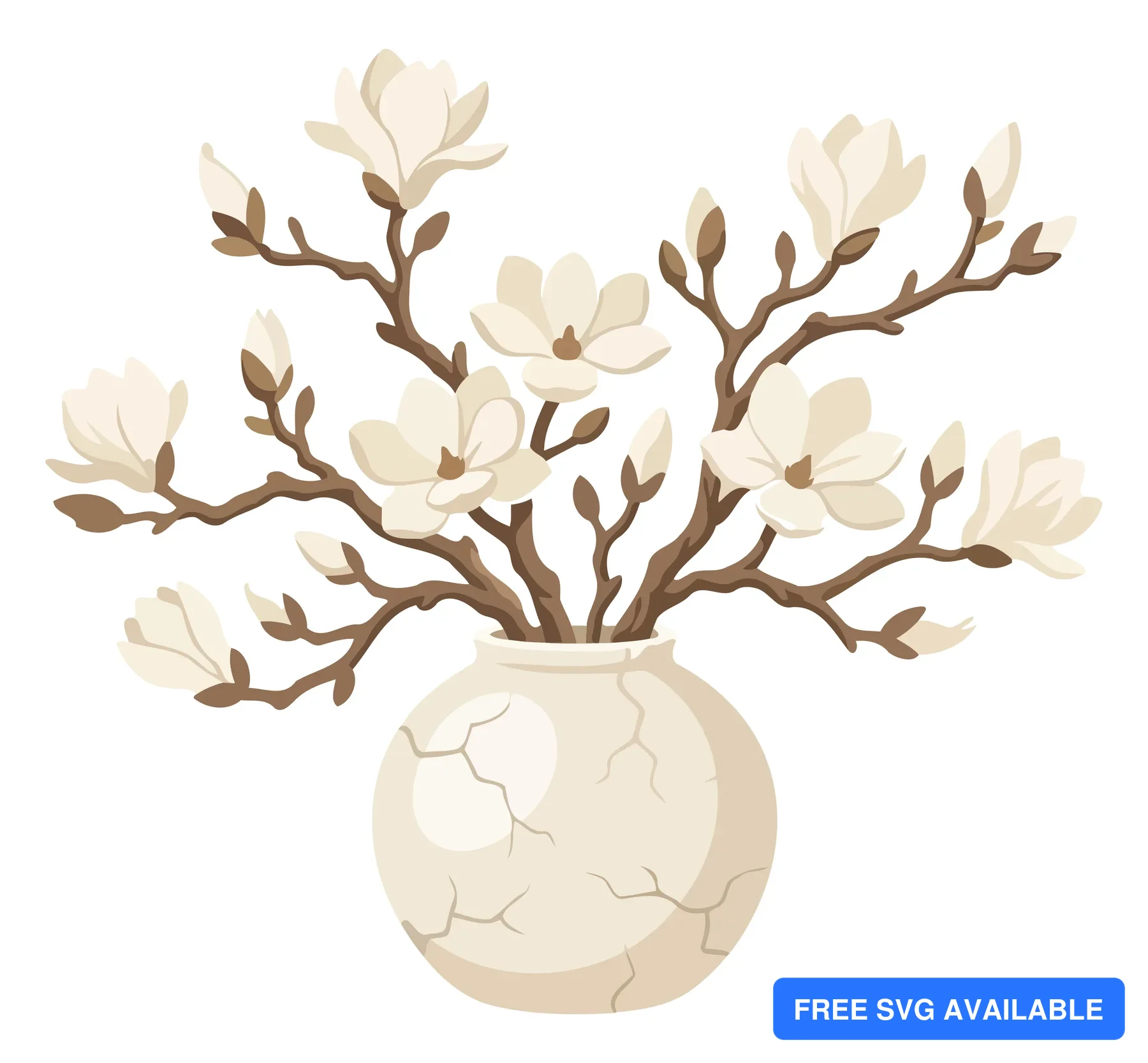A decorative vase with cracked surface holding white magnolia flowers in an elegant design illustration