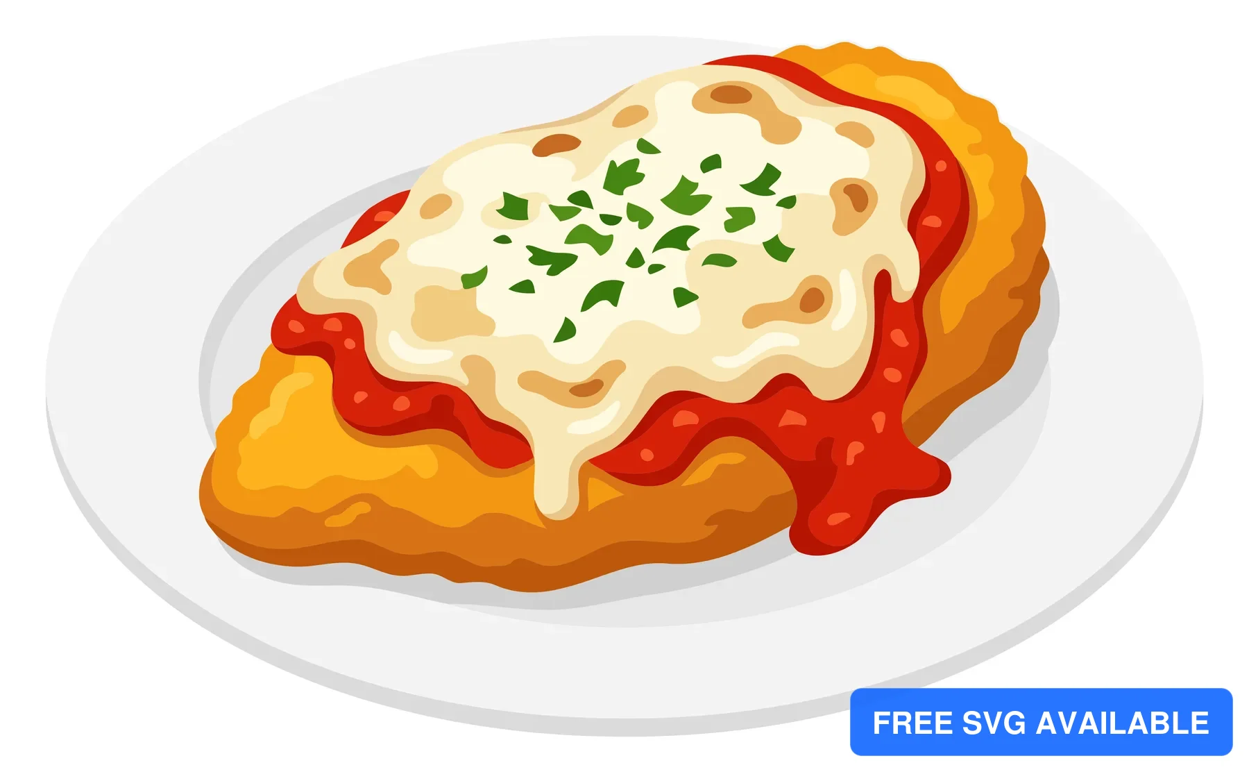 A stylized pizza slice with cheese, tomato sauce, and herbs on a white plate.