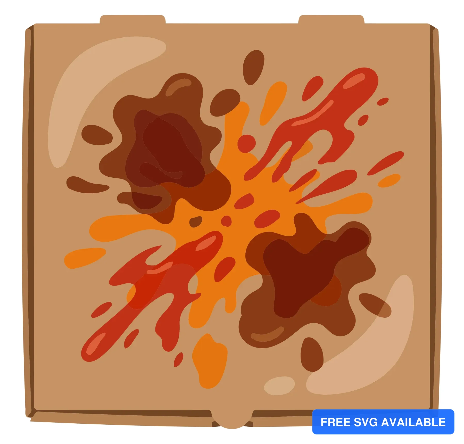 A colorful abstract pizza sauce splatter on a brown box background