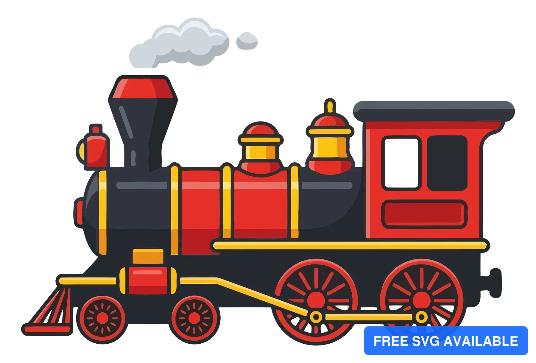 A stylized cartoon steam locomotive with red and black colors and yellow wheels