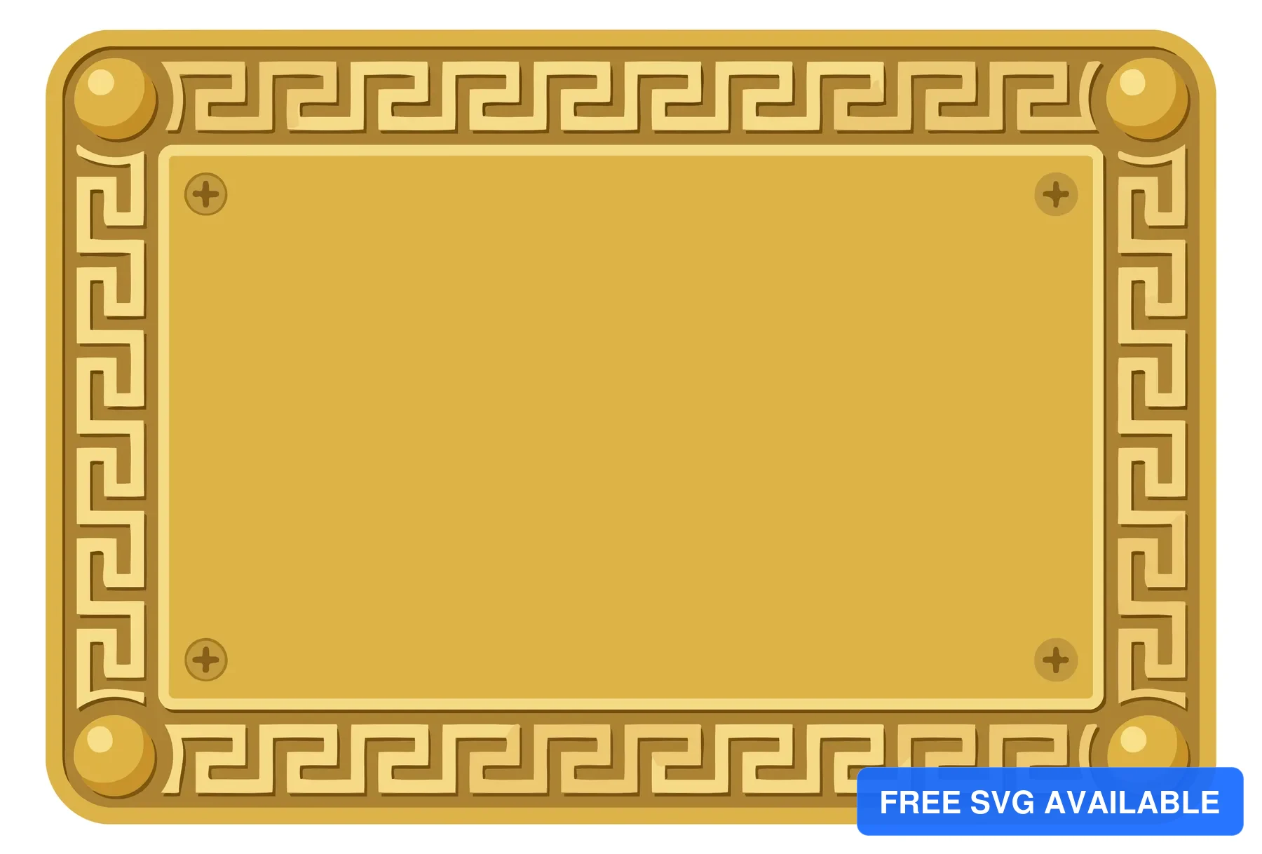 A golden decorative vector frame with a Greek key pattern and circular accents