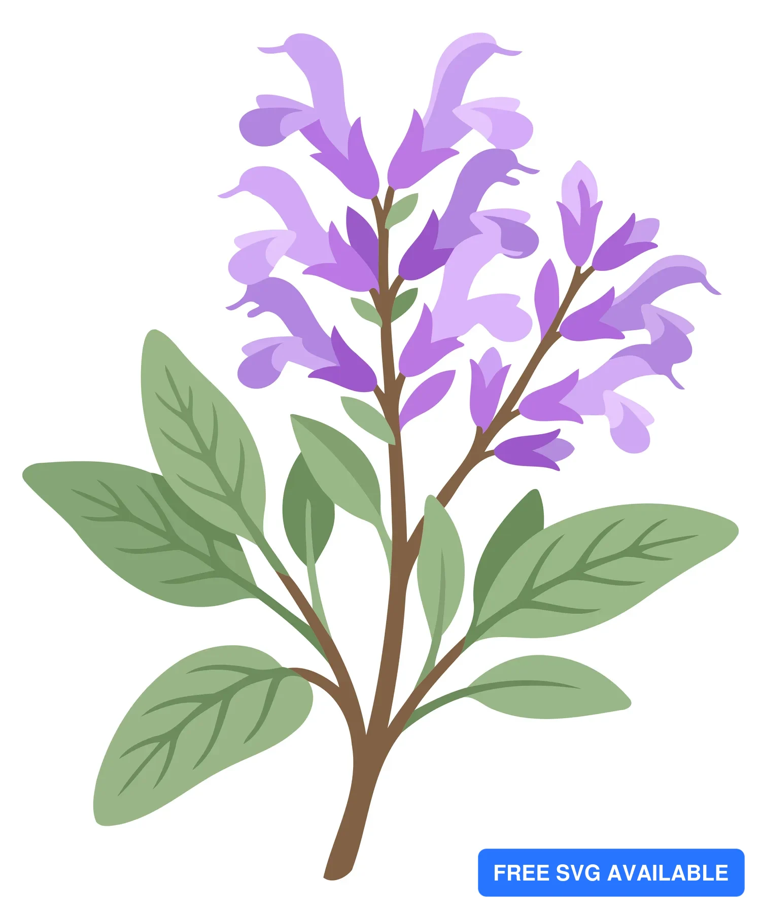 A stylized purple flowering plant with green leaves in an artistic vector illustration