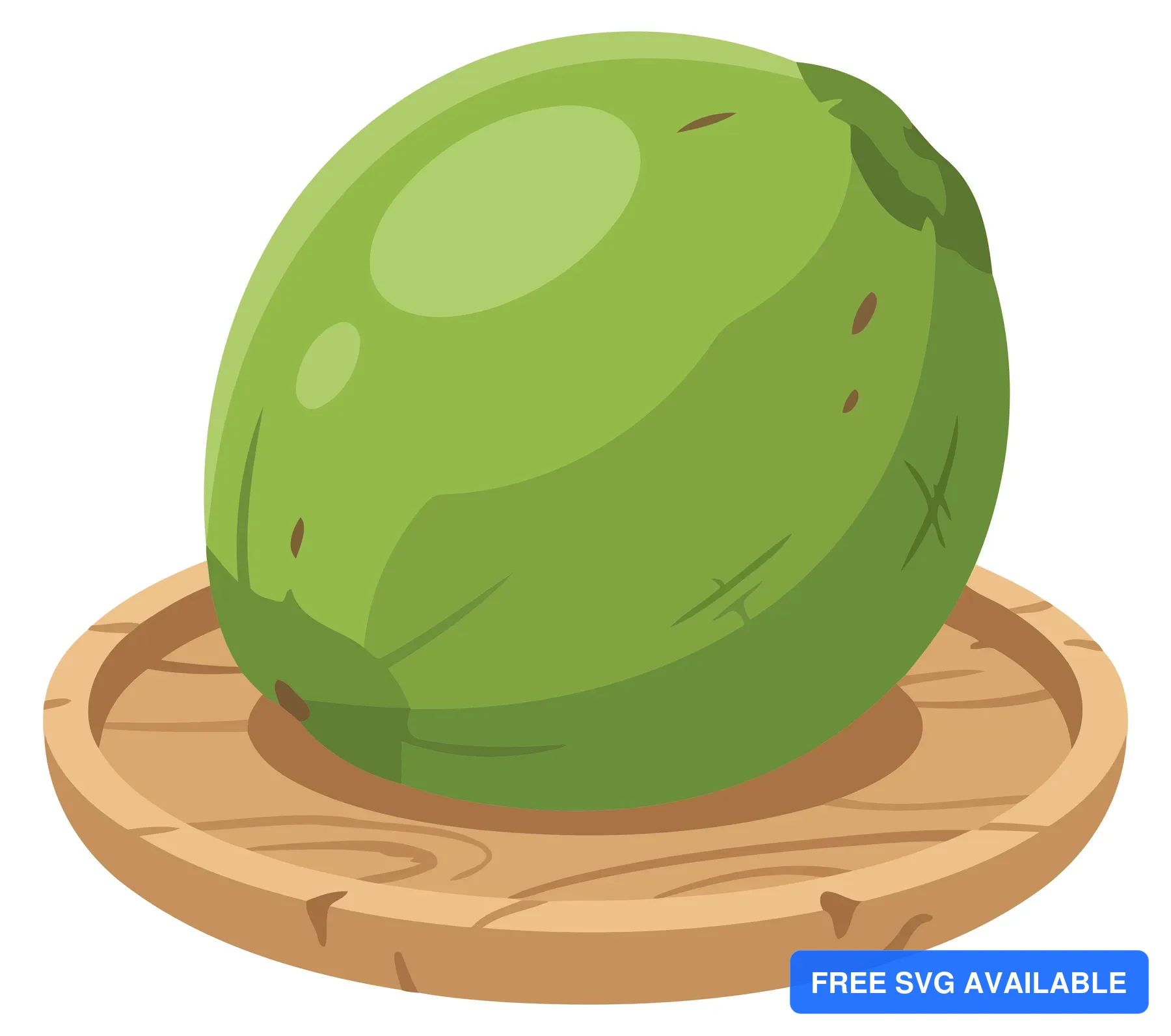A green avocado illustration on a wooden plate
