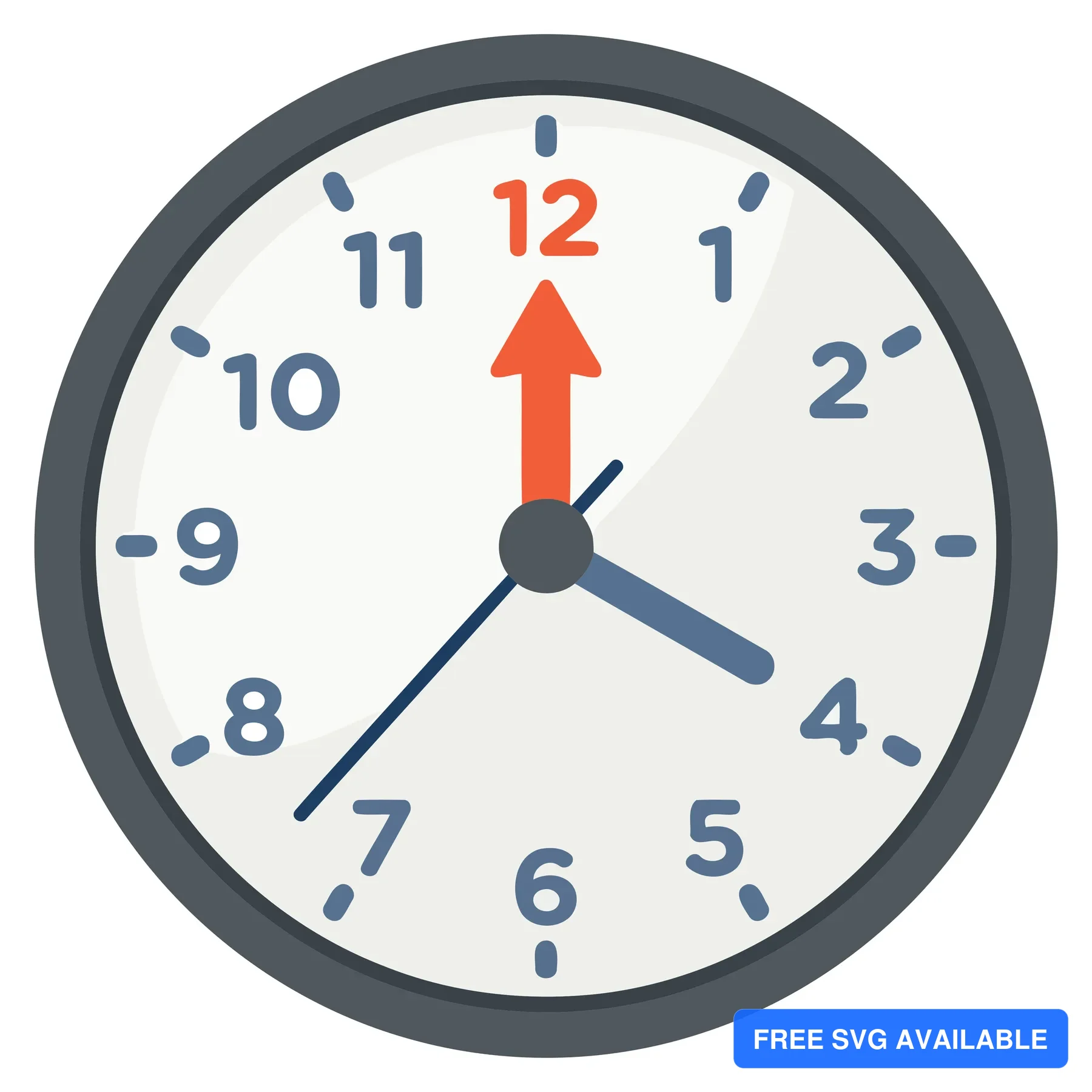 A minimalist clock with a red hour hand pointing to 12 on a white background.