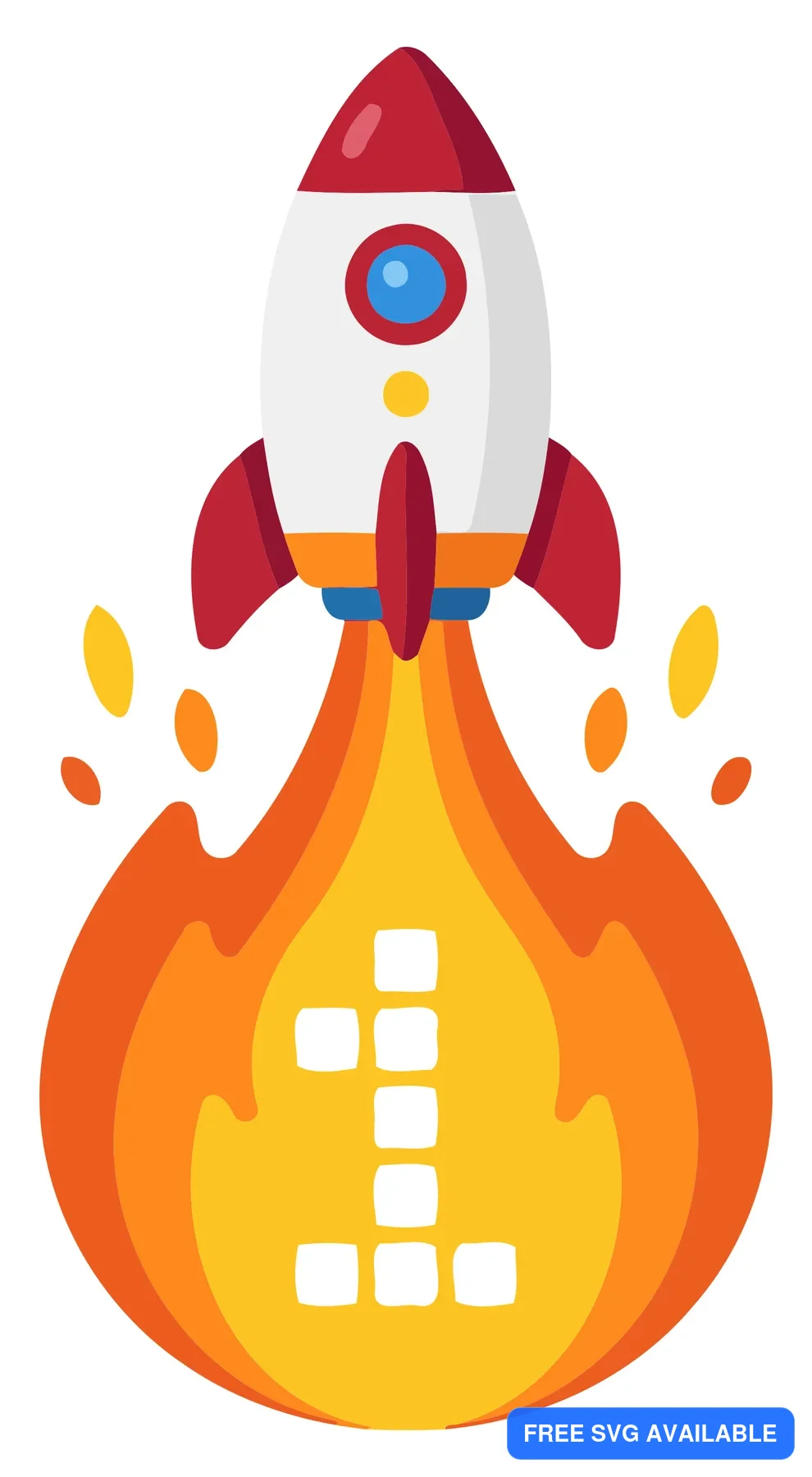 A colorful rocket launching with flames and a futuristic design against a space background
