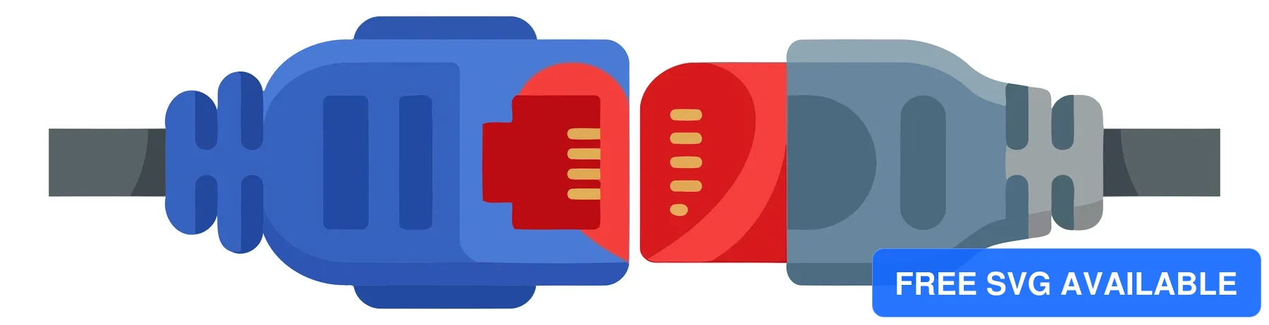 A stylized vector image of USB cable connectors in blue, red, and grey colors.