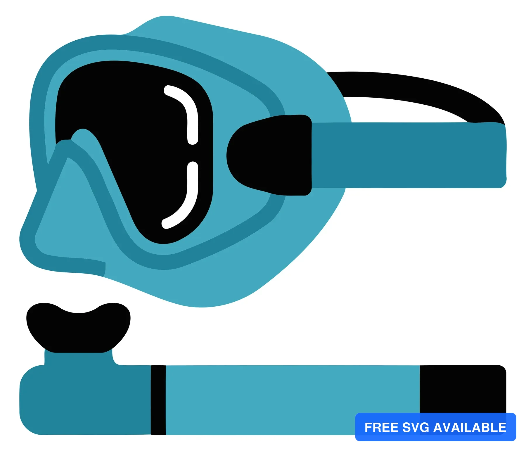 A stylized flat design illustration of a scuba mask and snorkel set in teal colors