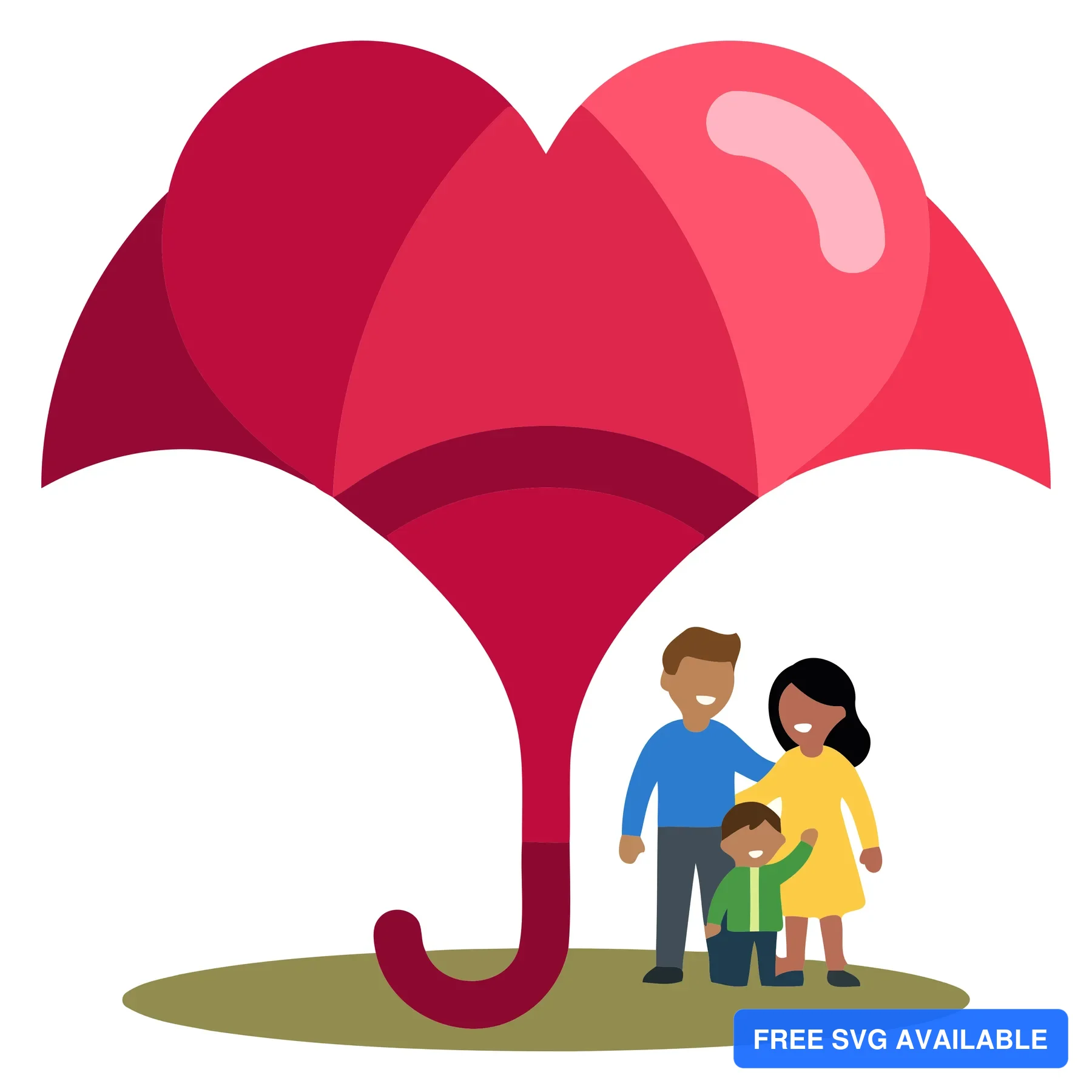 A family of three standing under a stylized pink umbrella illustration