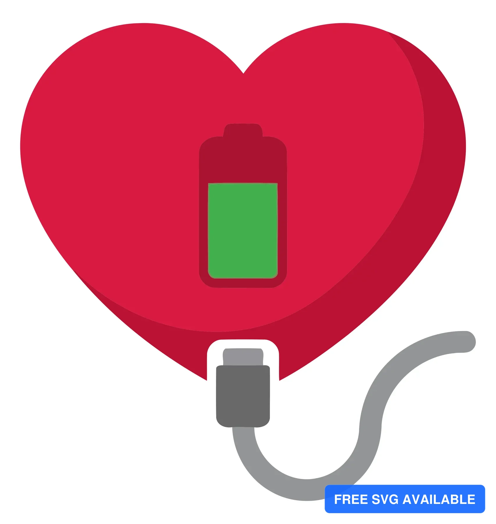 A red heart shape with a green battery icon inside, connected by a charging cable