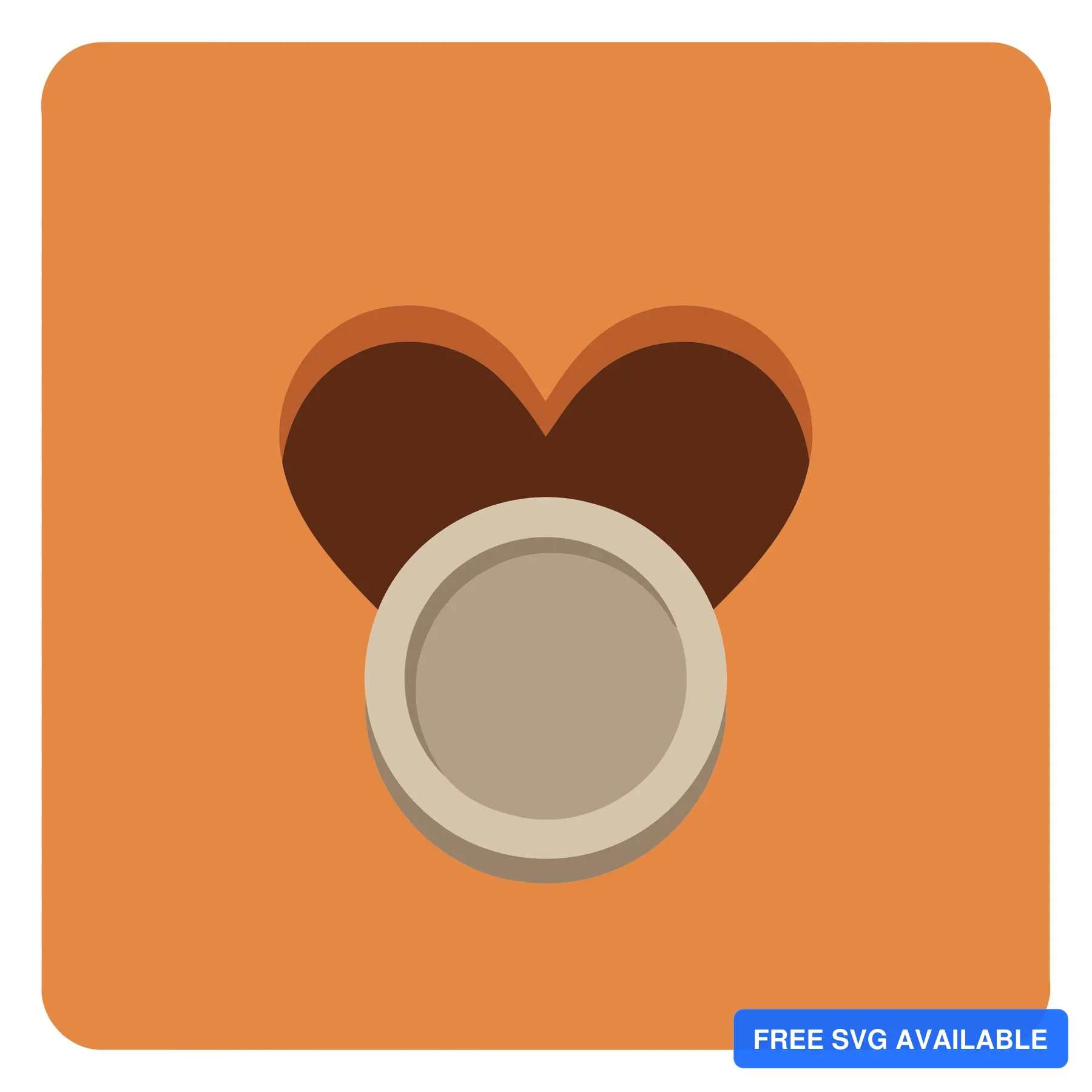 A minimalist icon showing a heart shape with gradient and a circular element on an orange background