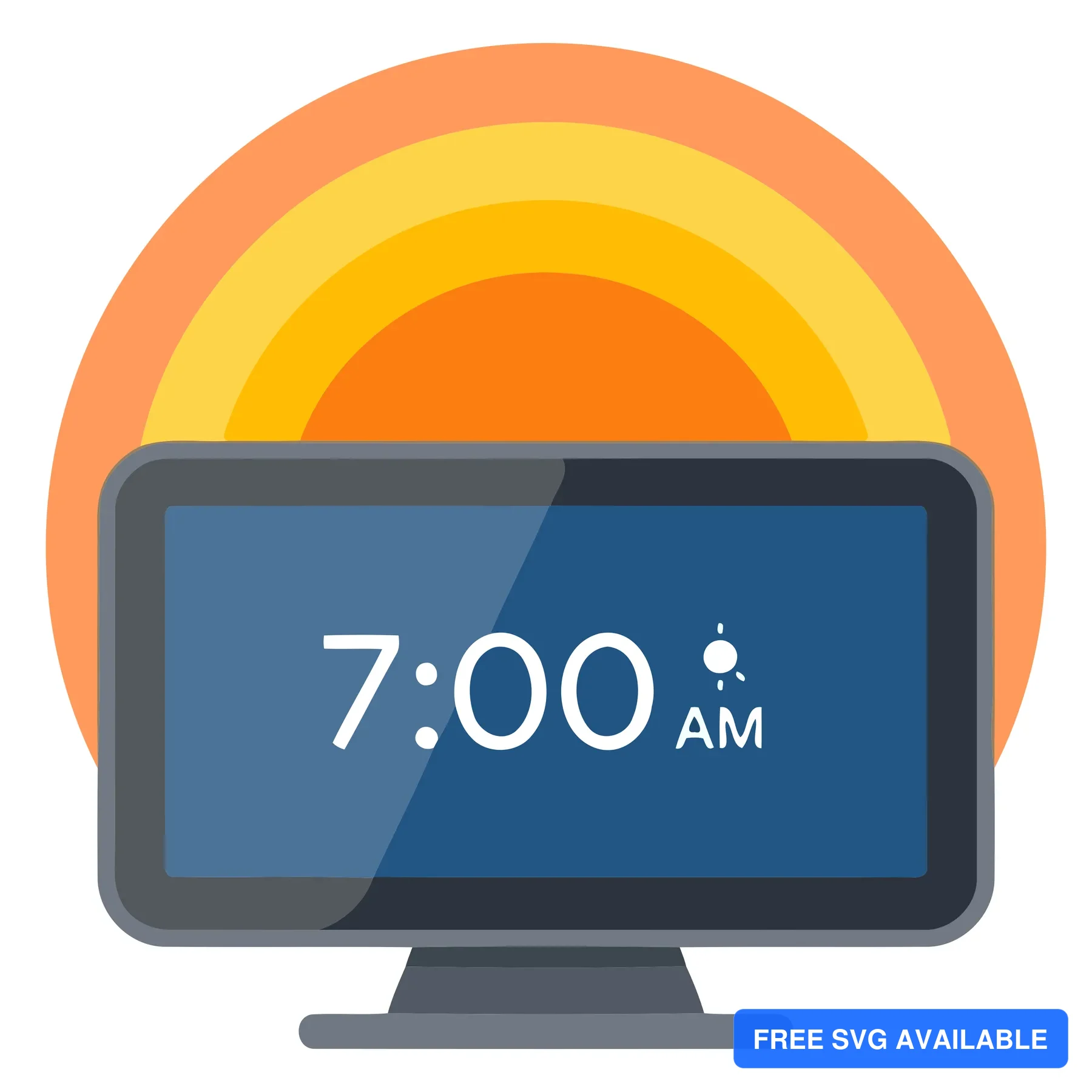 A digital clock showing 7:00 AM with a sunrise background