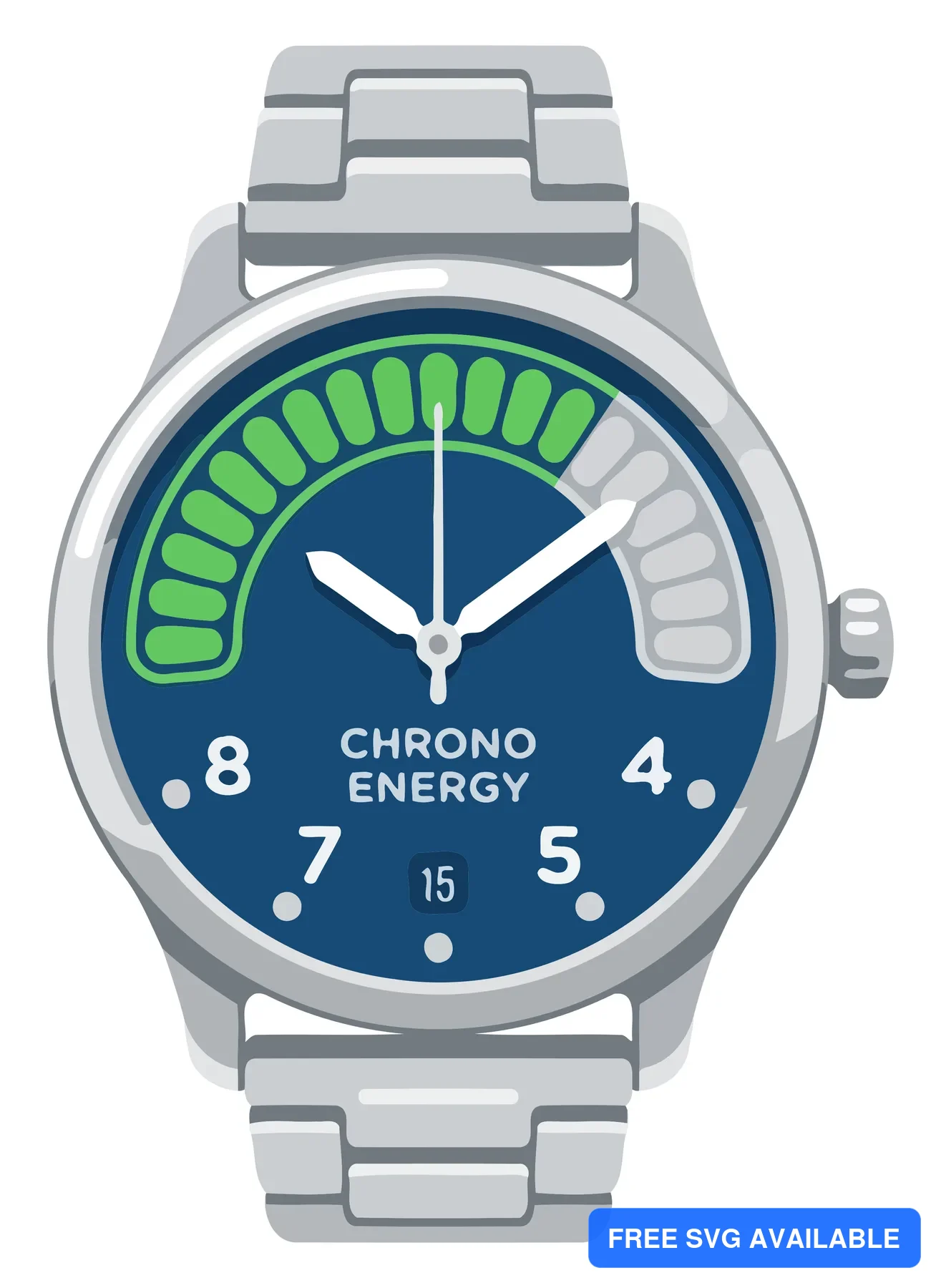 A stylized watch face with a green energy gauge and digital clock hands
