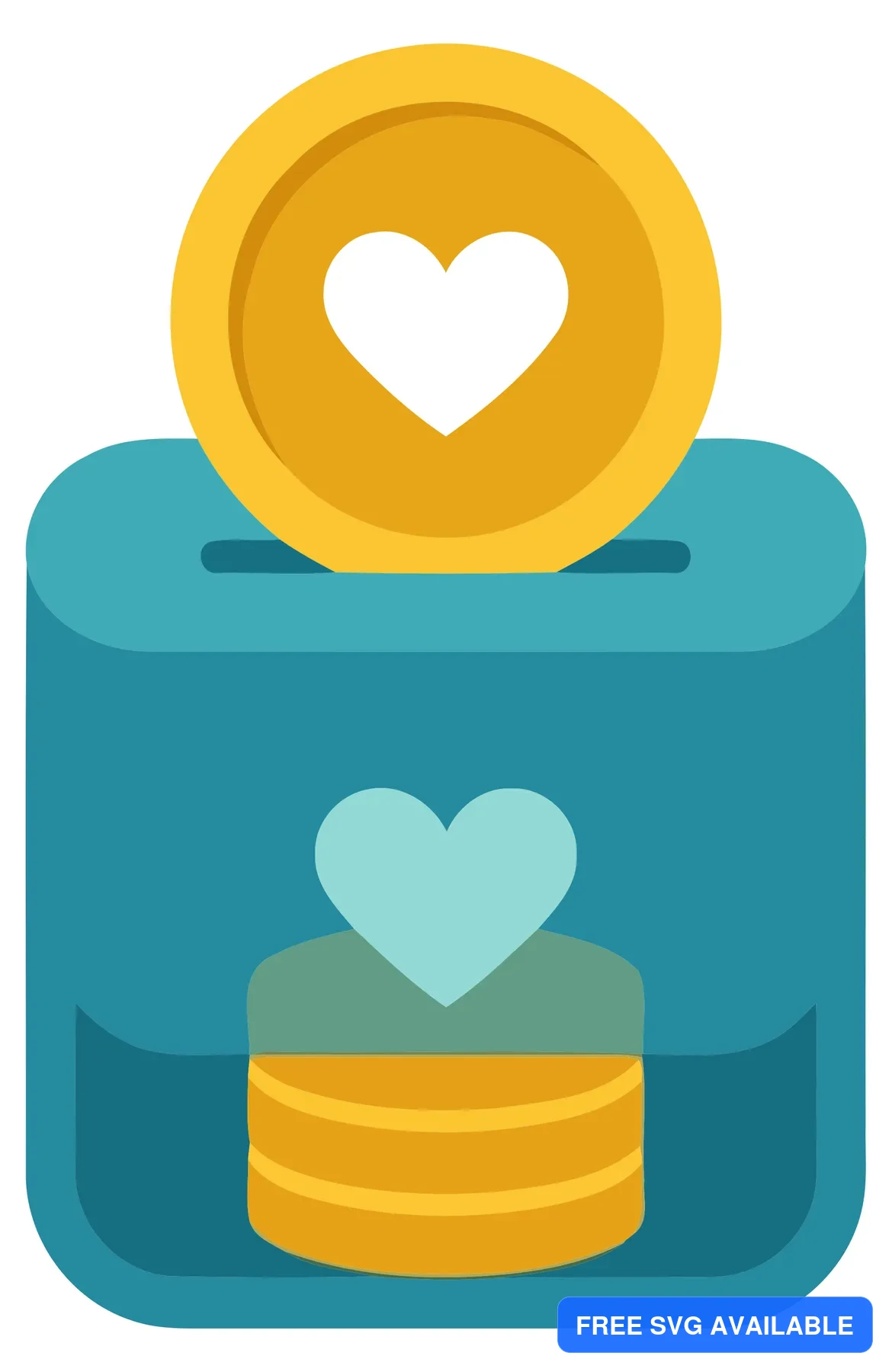 A stylized coin with a heart on top inside a savings container with coins below
