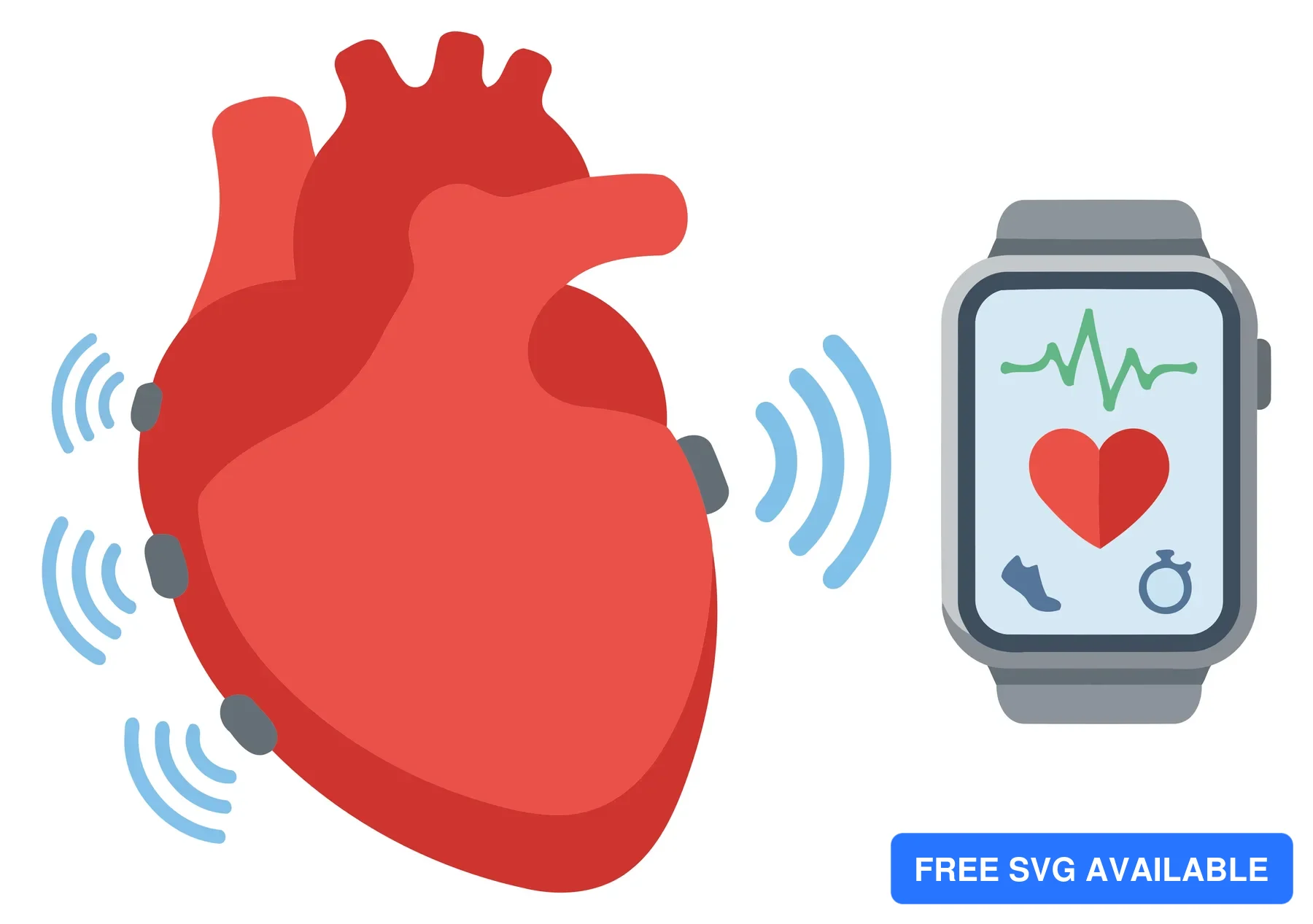 A red heart icon sending signals to a smartwatch displaying heart rate data.