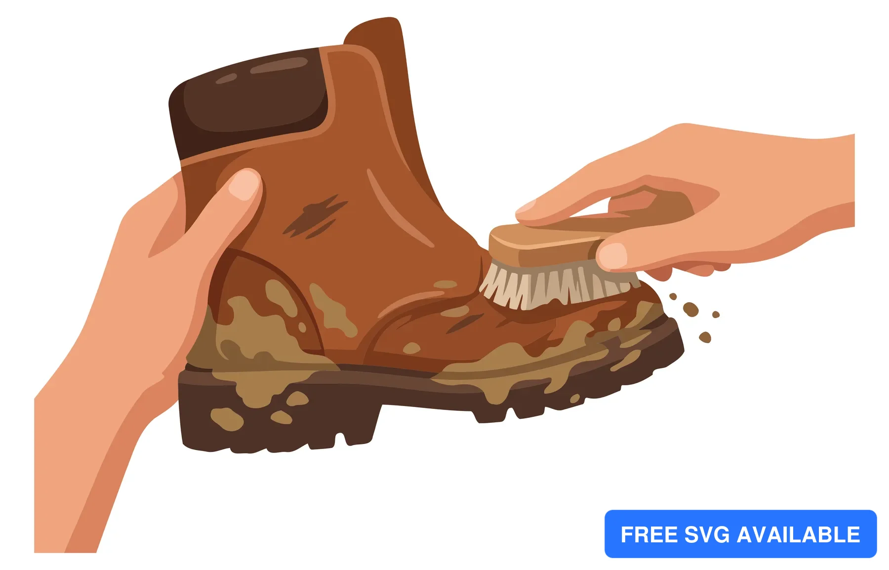 A hand brushing a camouflage hiking boot with a toothbrush in an illustration.