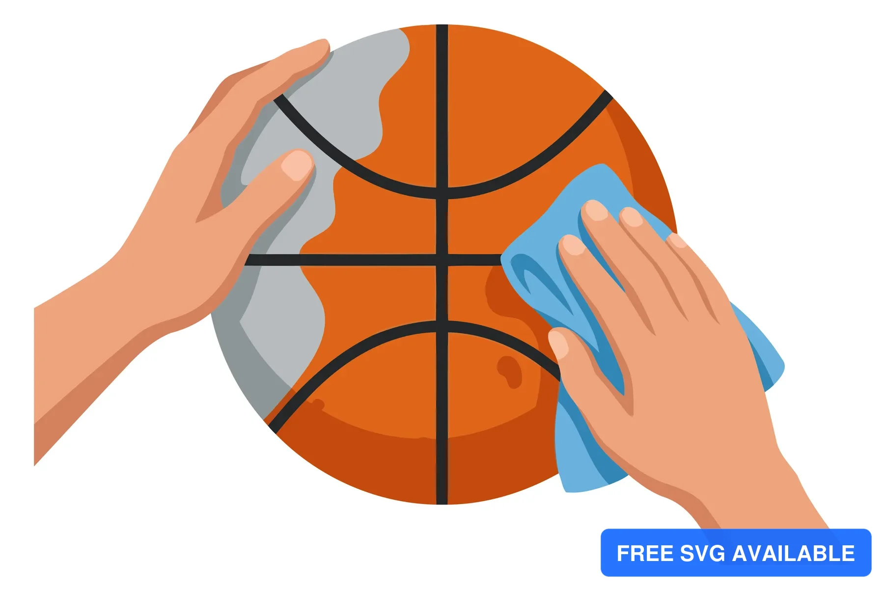 Two hands cleaning a basketball with a cloth