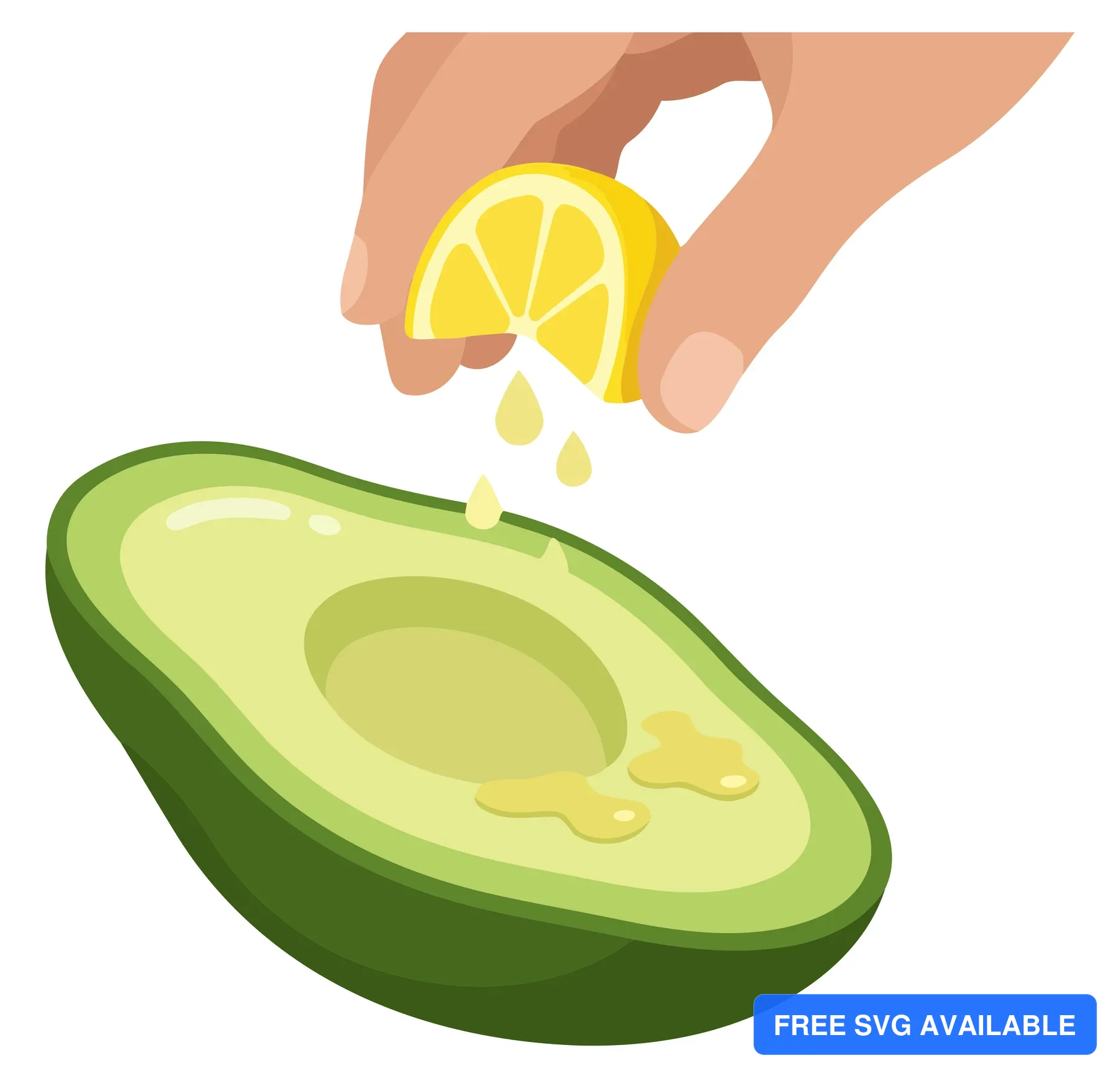 A hand pouring lemon juice onto a cut avocado half in an illustration