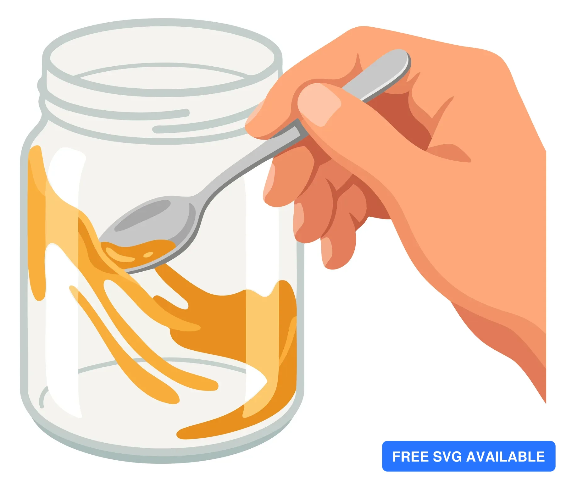 A hand scoops orange-colored sauce from a glass jar with a spoon