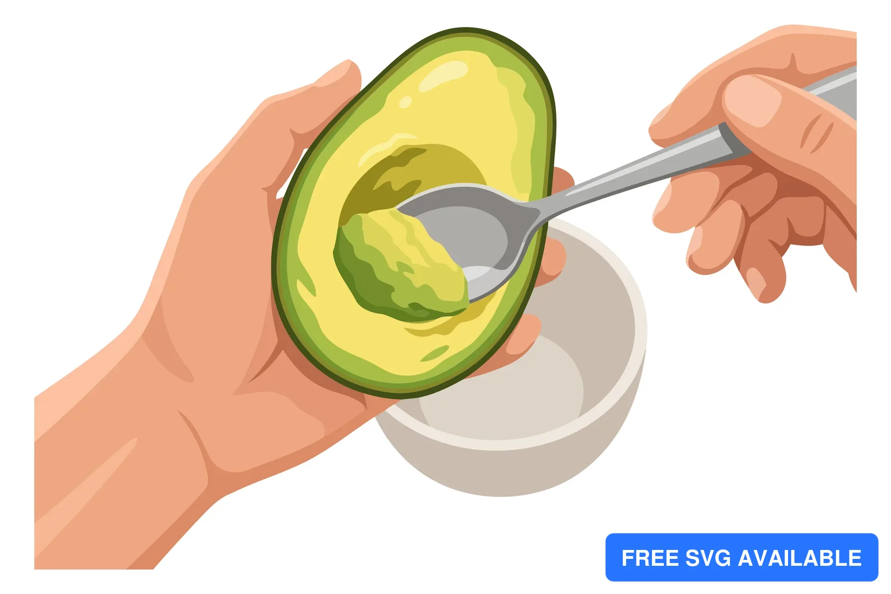 A hand scooping avocado seed with a spoon from an open avocado half in an illustration.