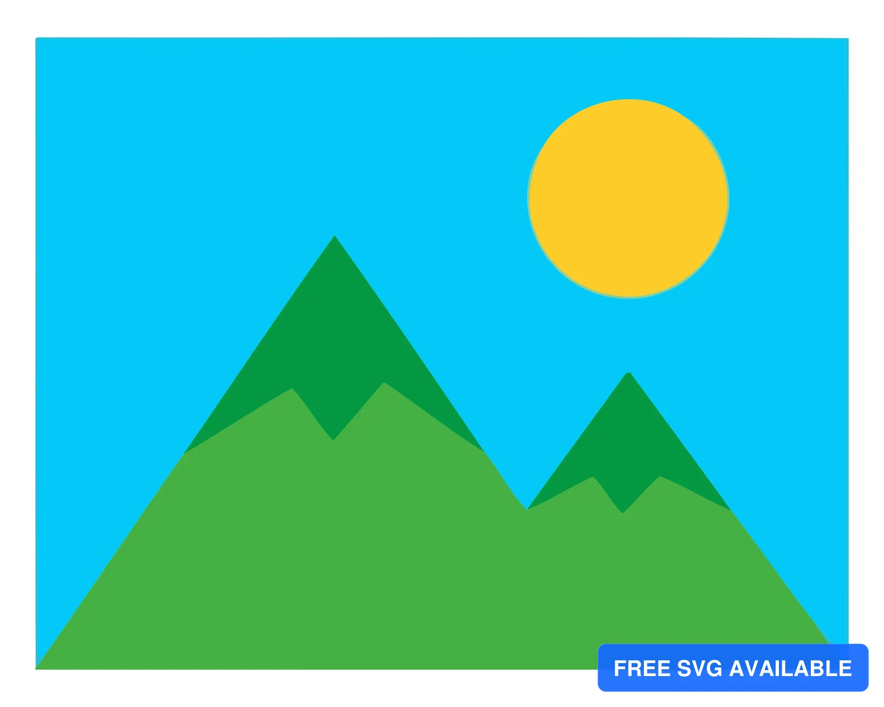 A minimalist vector illustration of two green mountains with a yellow sun rising behind a blue sky.