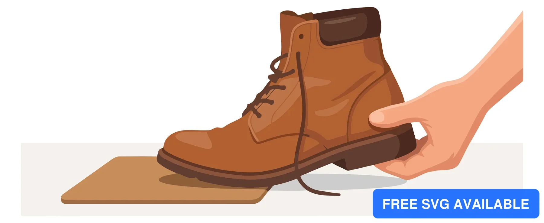 A hand holds a stylized brown leather boot with visible stitching and laces in an illustration.