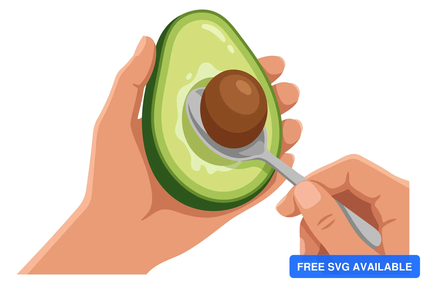 A hand scoops avocado seed with a spoon in an illustration