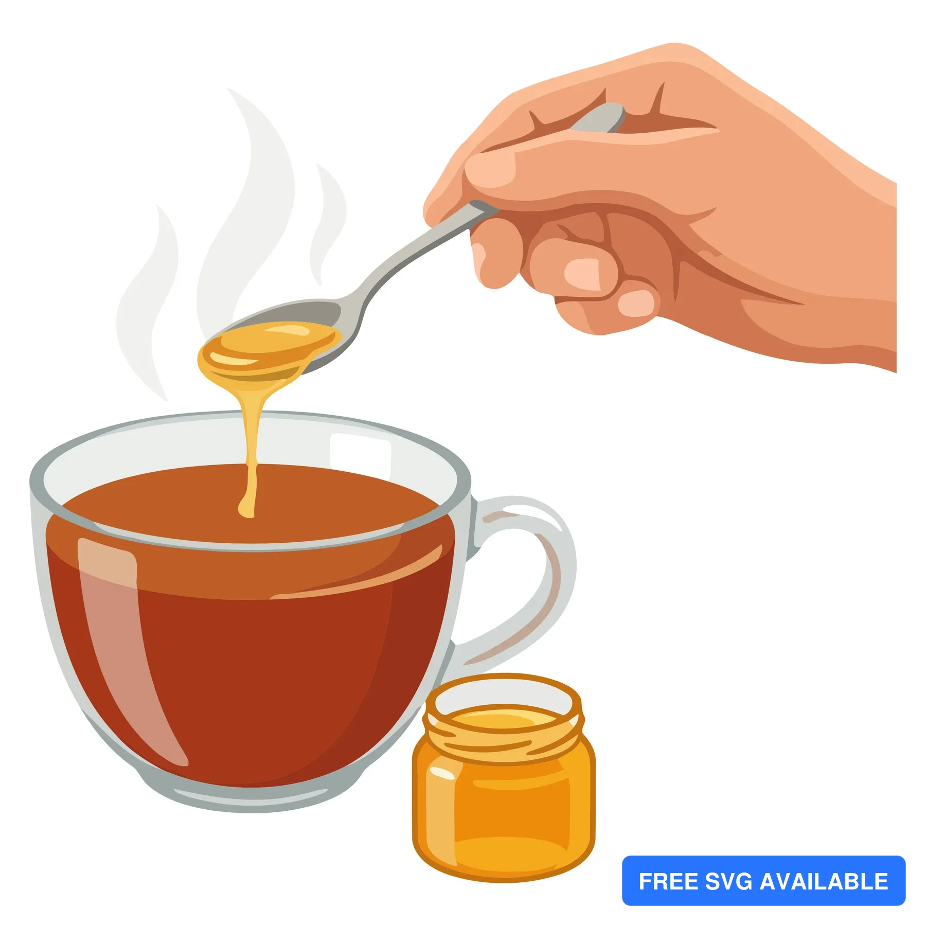A hand pouring honey into a cup of hot tea with a small honey jar nearby in an illustration style.