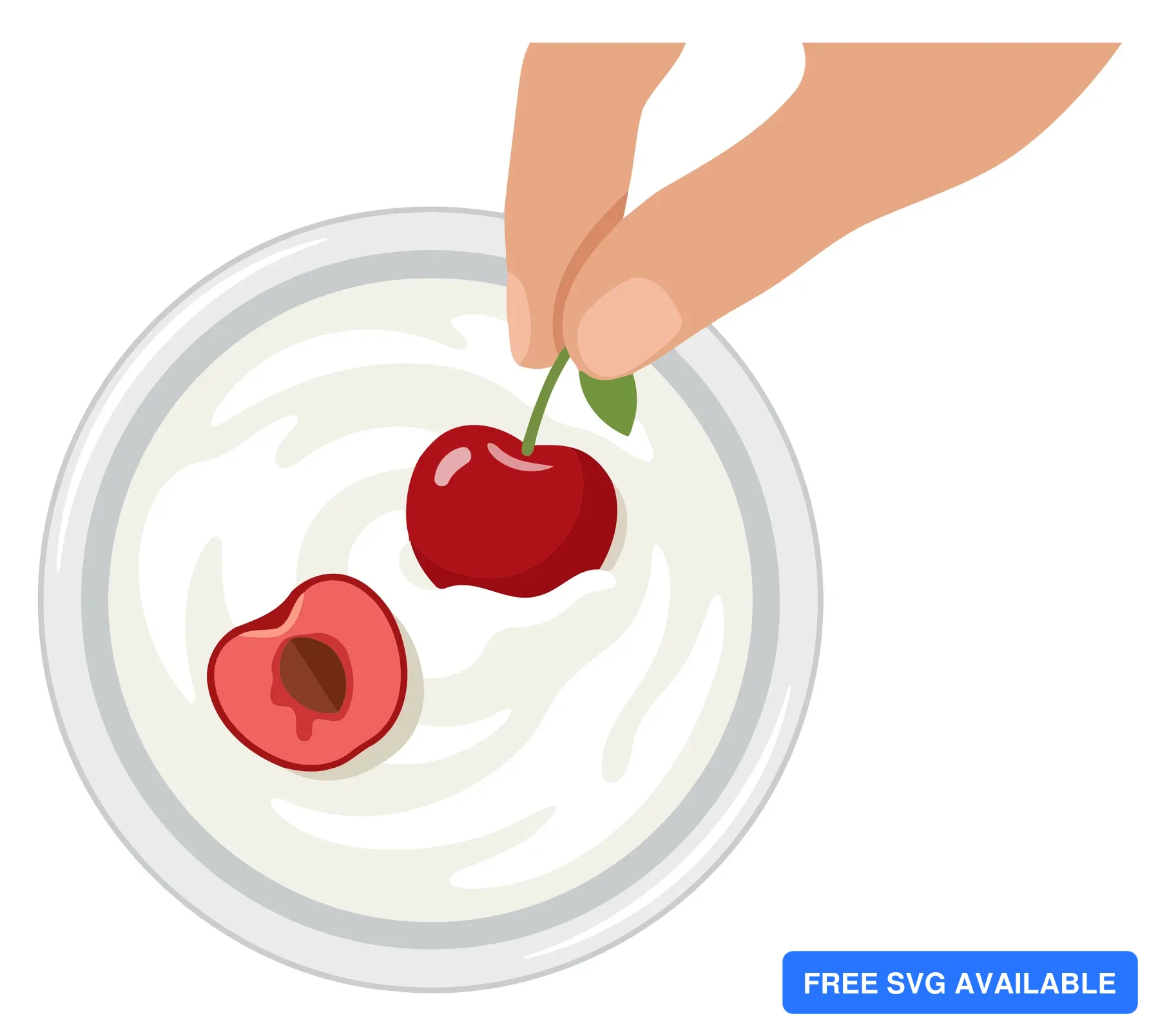 A hand places a whole red cherry into a bowl of yogurt with a light background.