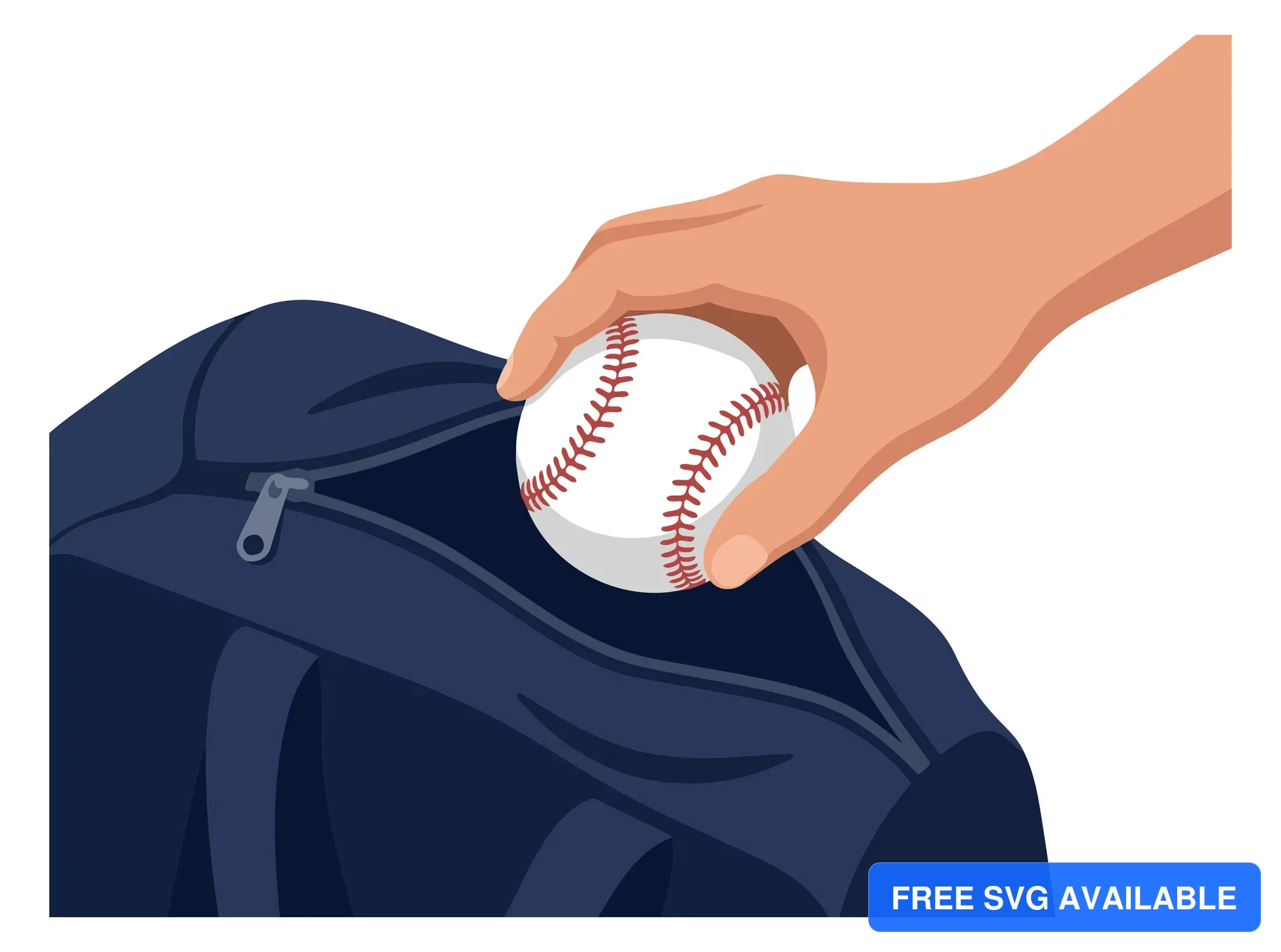 A hand holding a baseball inside a blue jacket pocket