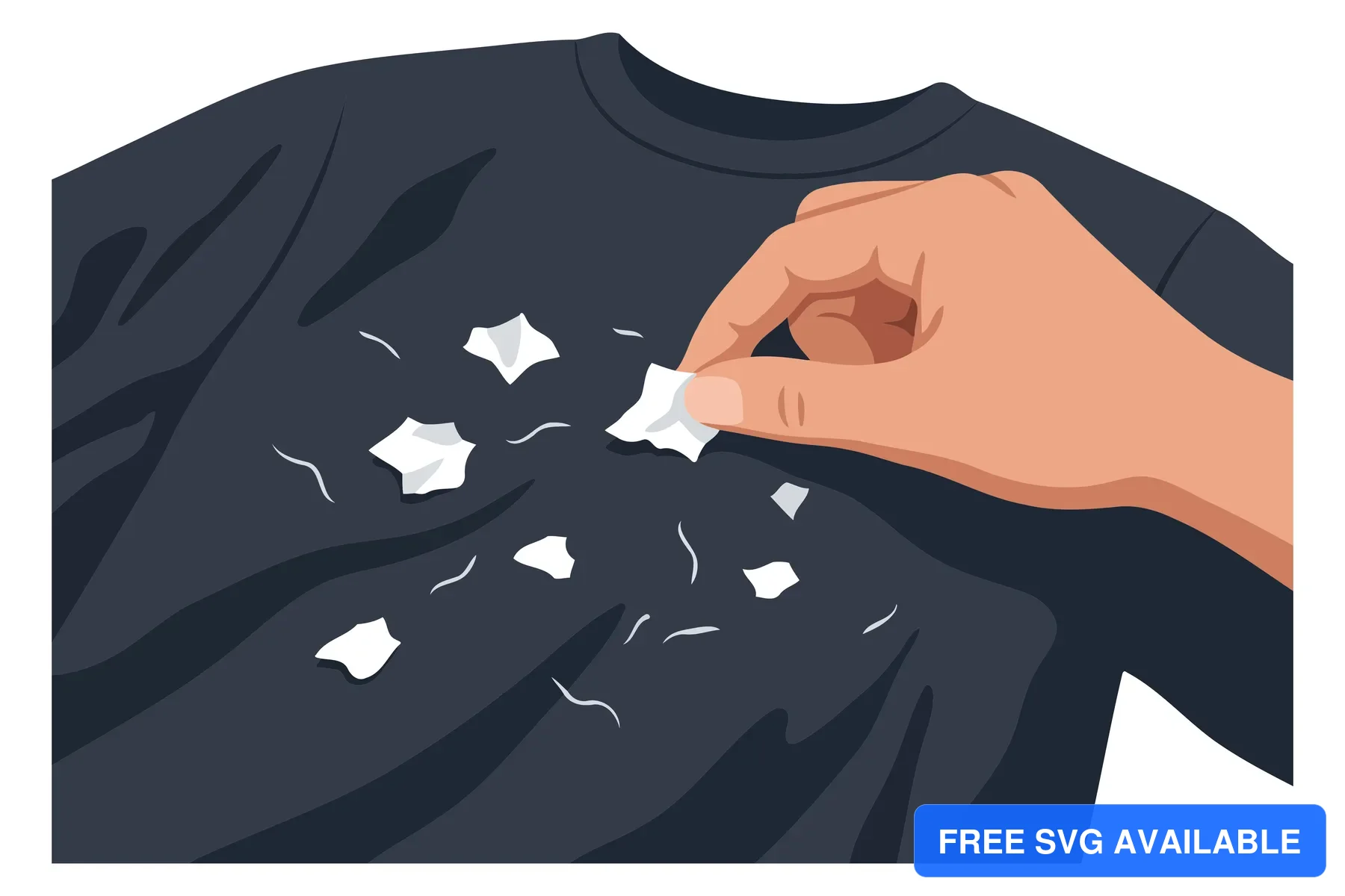 A hand attaching star-shaped patches to a dark fabric shirt in an illustration