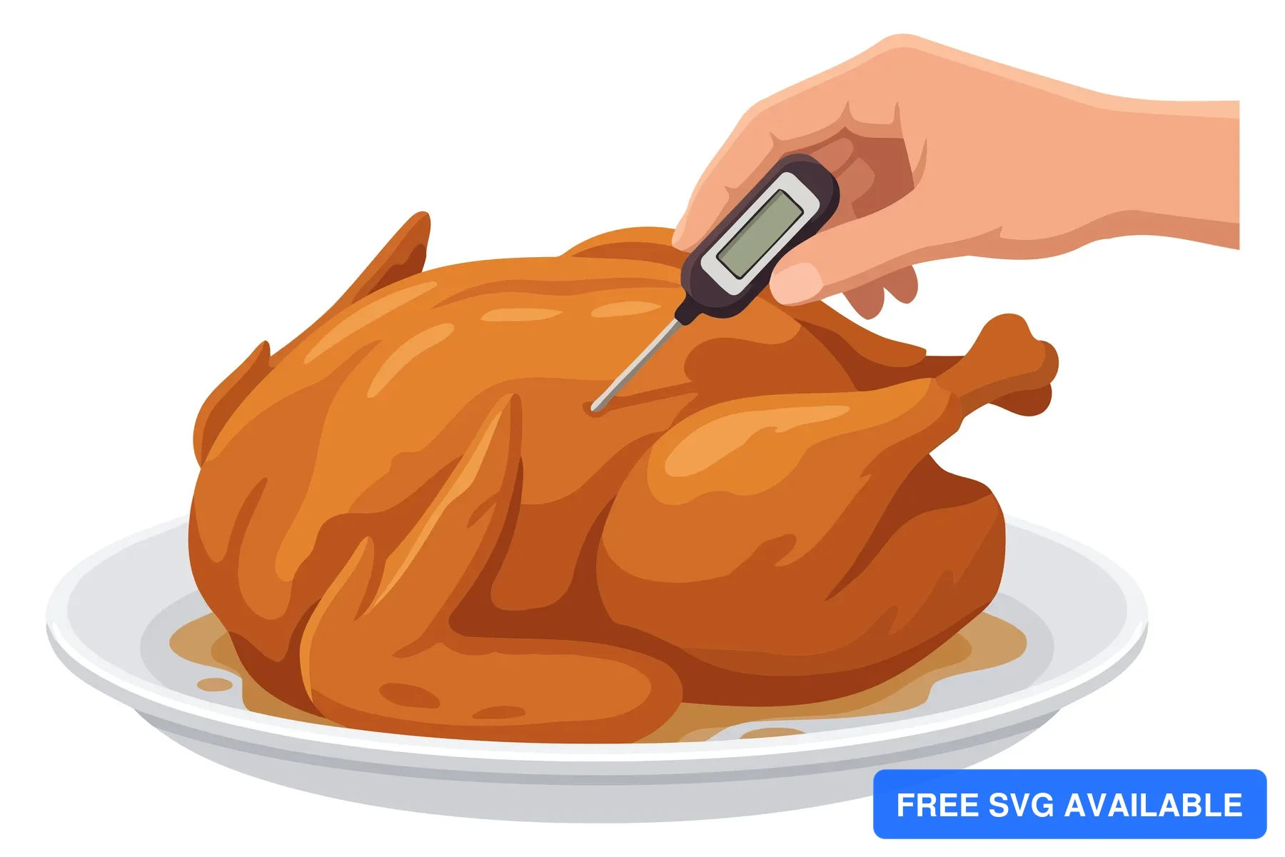 A hand checks a roasted turkey's temperature with a thermometer on a plate.
