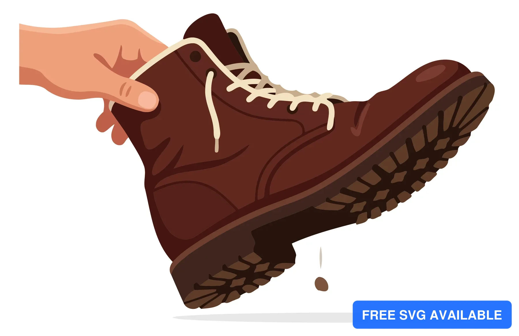 A hand tying the laces of a brown leather boot with a red rubber sole in an illustration