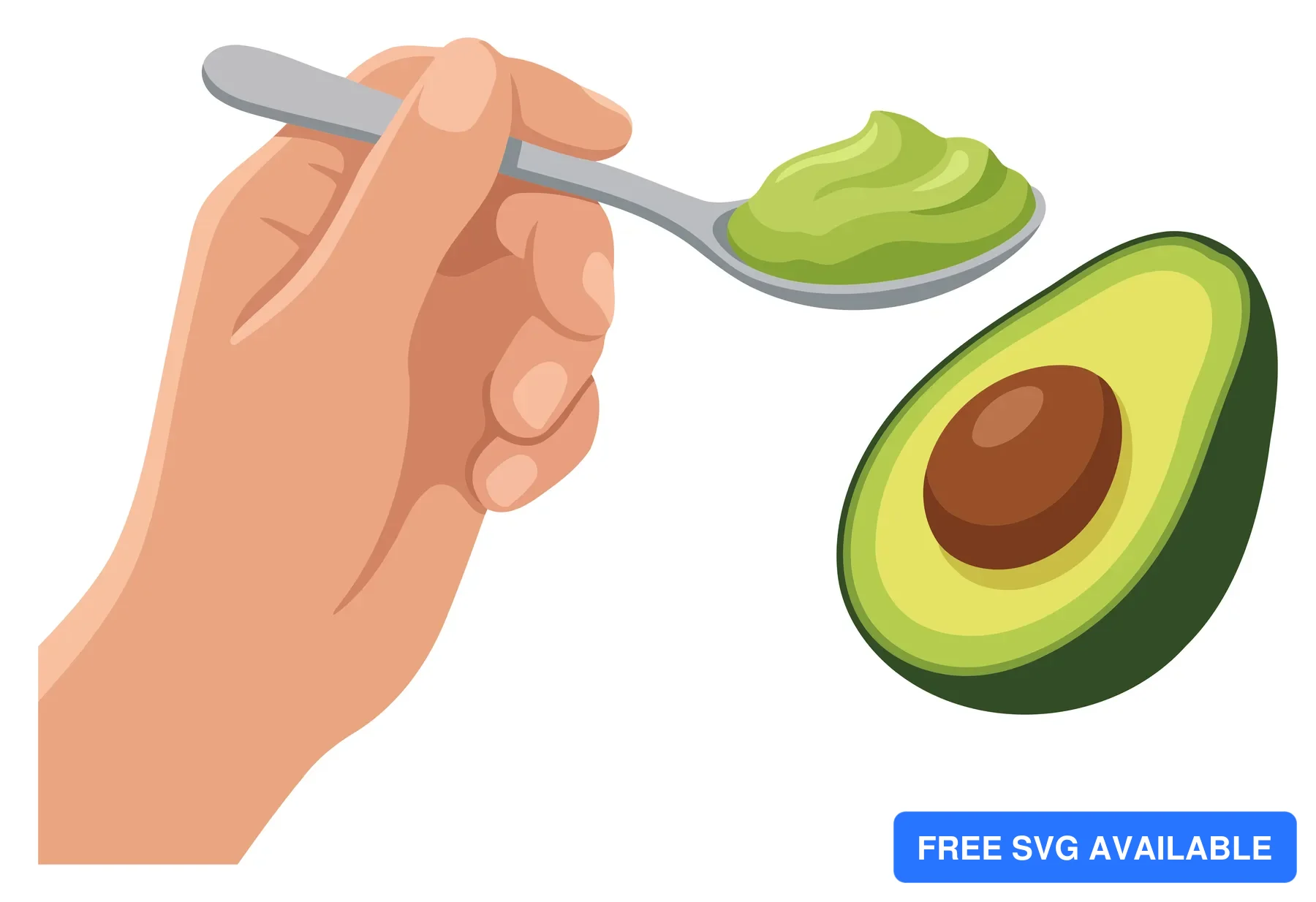 A hand scoops avocado puree onto a spoon next to a whole avocado in an illustration
